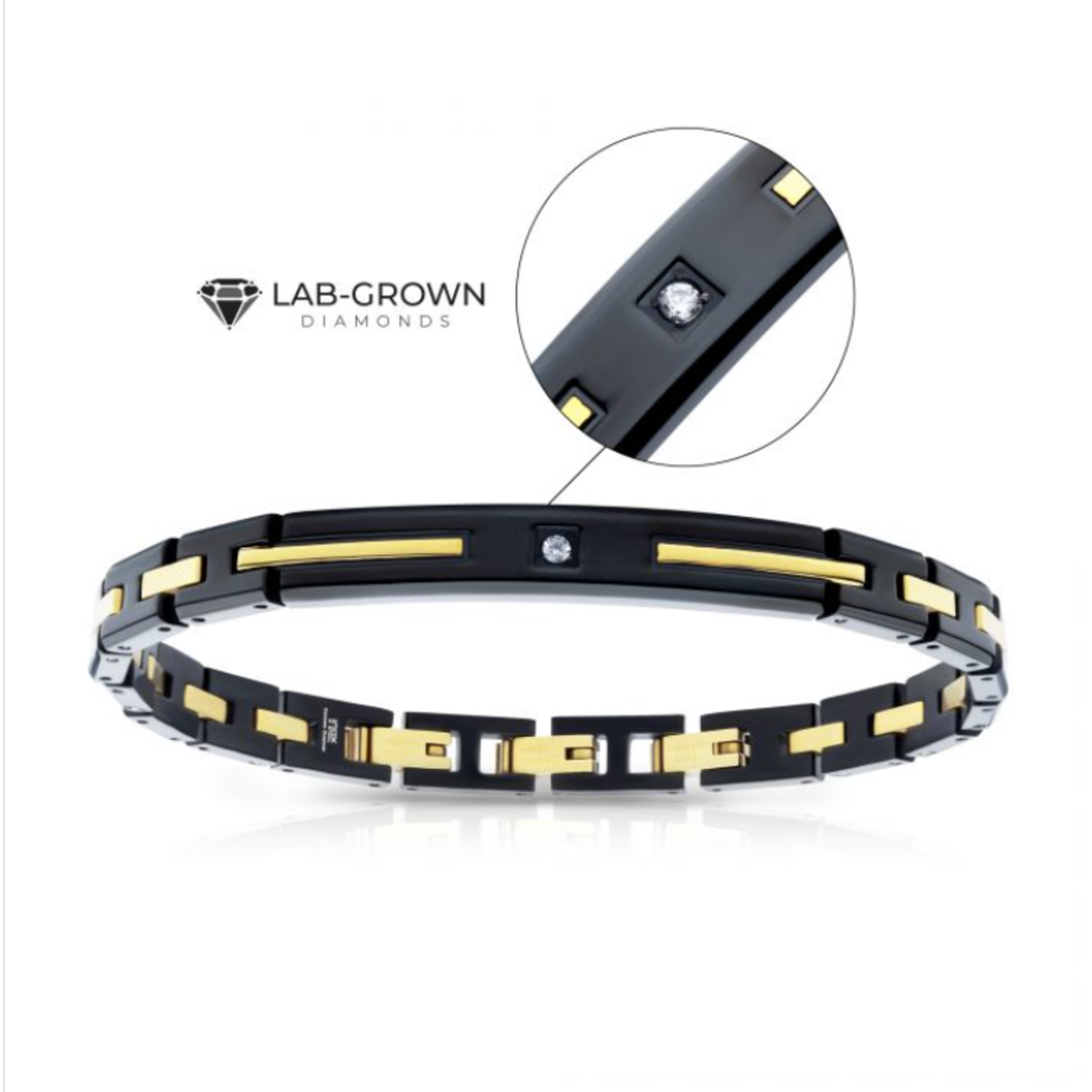 Inox 18Kt Gold IP Stainless Steel Two Tone Black IP Lab-Grown Diamond Link Bracelet 7.5"-8.5"