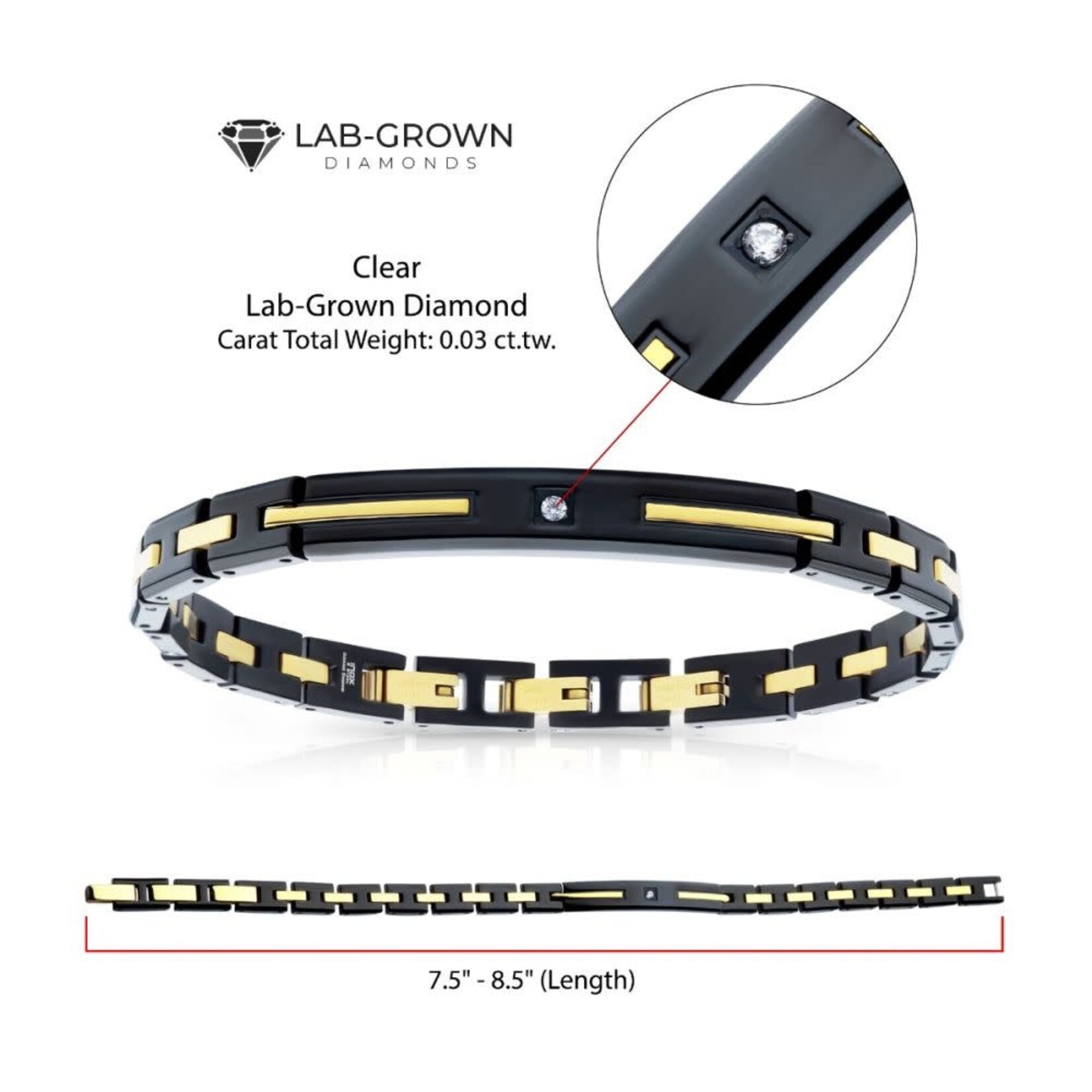 Inox 18Kt Gold IP Stainless Steel Two Tone Black IP Lab-Grown Diamond Link Bracelet 7.5"-8.5"