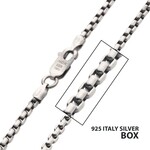 Inox 2.6mm 925 Italy Silver Black Rhodium Plated Brushed Satin Finish Box Chain Necklace 22"