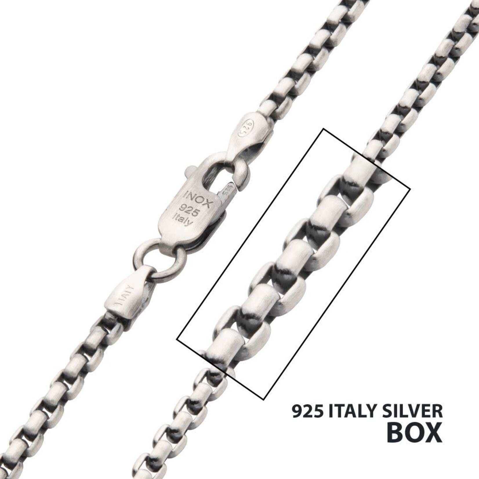 Inox 2.6mm 925 Italy Silver Black Rhodium Plated Brushed Satin Finish Box Chain Necklace 22"