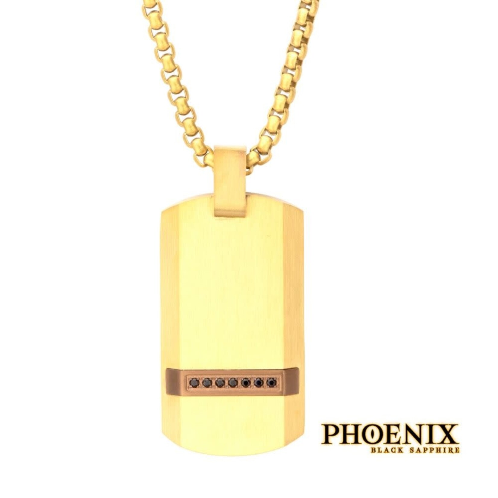 Inox 18Kt Gold IP Steel Matte Finish Dog Tag Pendant with 1.3mm Genuine Black Sapphire 24"