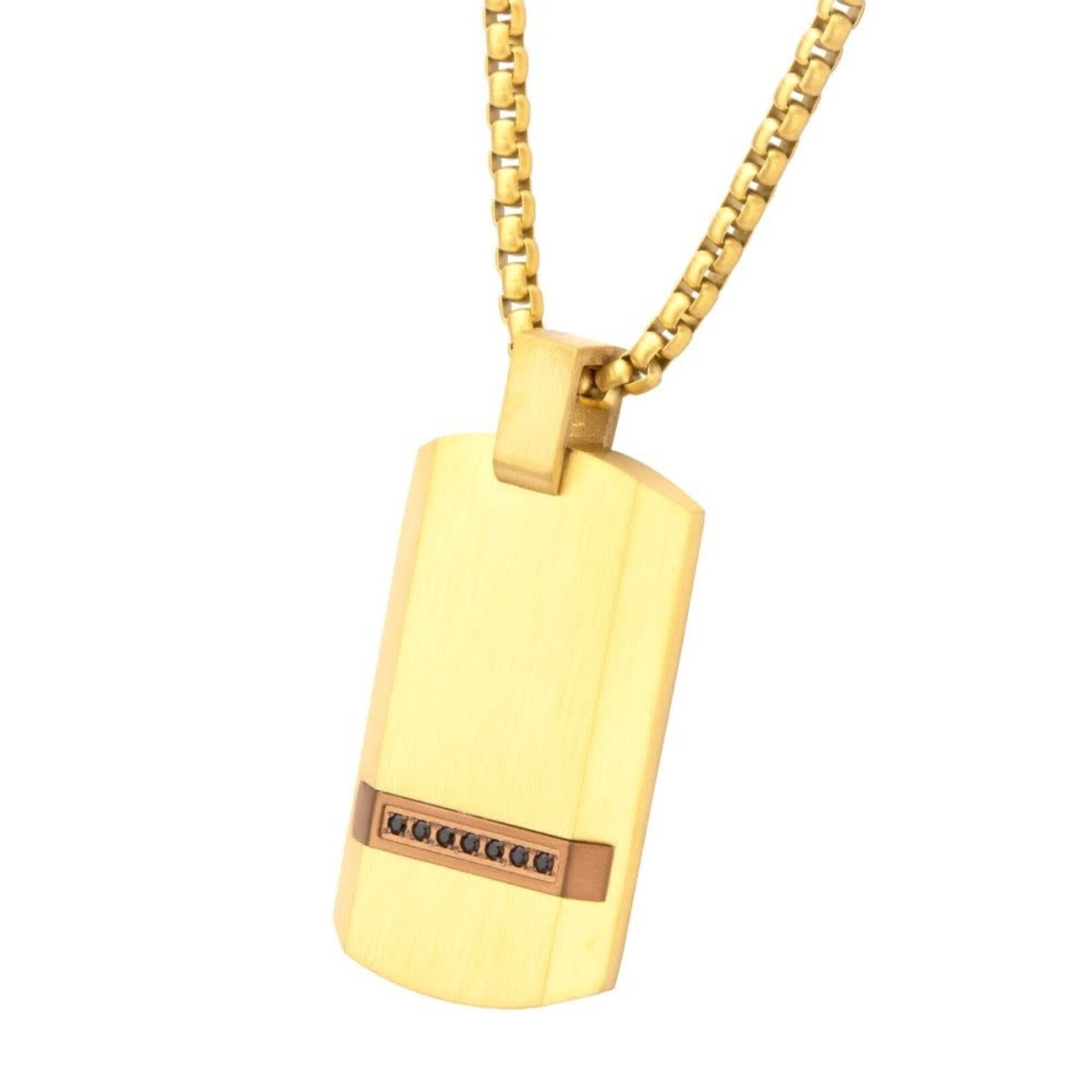 Inox 18Kt Gold IP Steel Matte Finish Dog Tag Pendant with 1.3mm Genuine Black Sapphire 24"