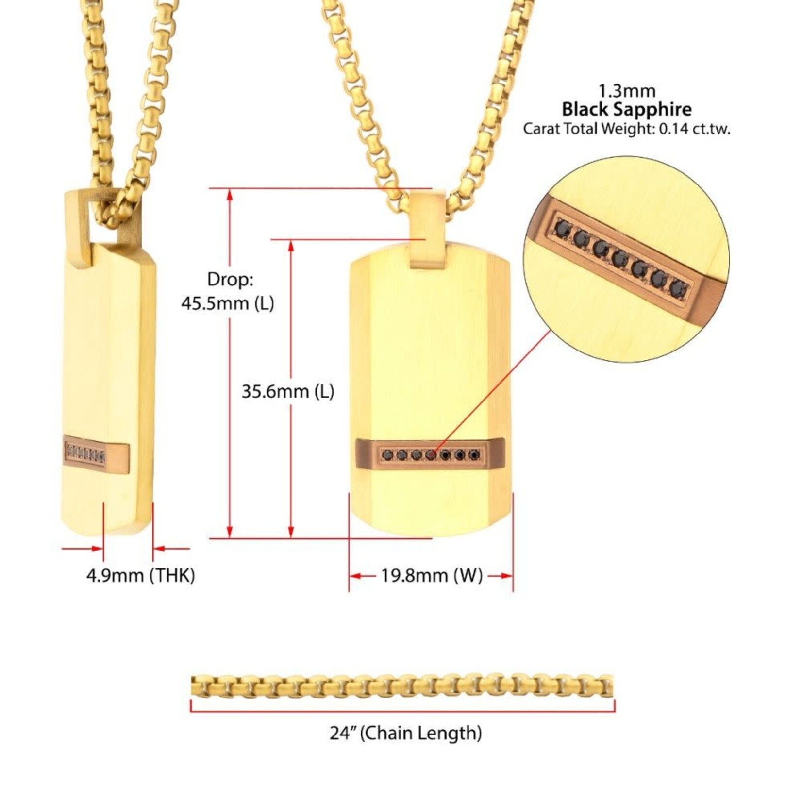 Inox 18Kt Gold IP Steel Matte Finish Dog Tag Pendant with 1.3mm Genuine Black Sapphire 24"