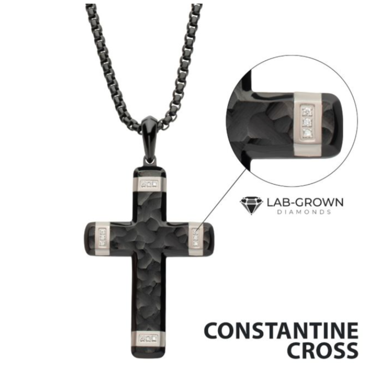 Inox Matte Finish Black IP Carved Steel Large Cross & Lab-Grown Diamonds Pendant 24"