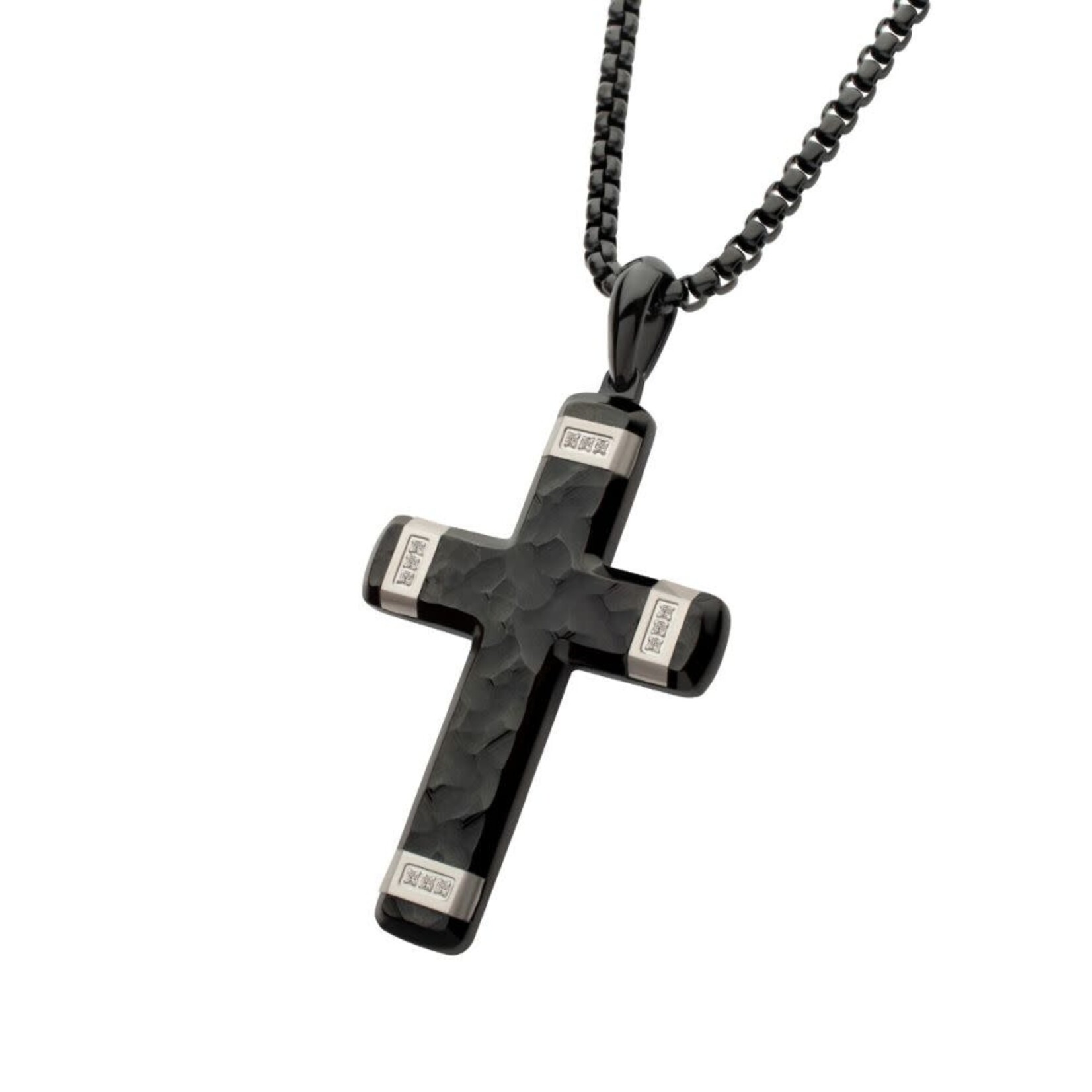Inox Matte Finish Black IP Carved Steel Large Cross & Lab-Grown Diamonds Pendant 24"