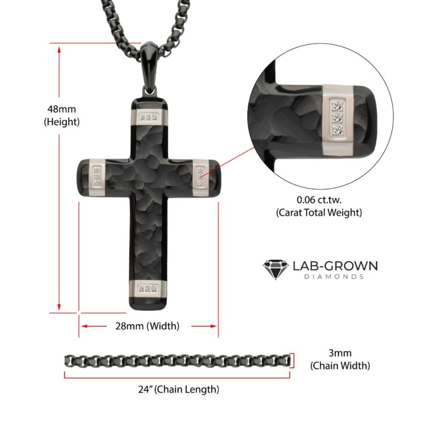 Inox Matte Finish Black IP Carved Steel Large Cross & Lab-Grown Diamonds Pendant 24"