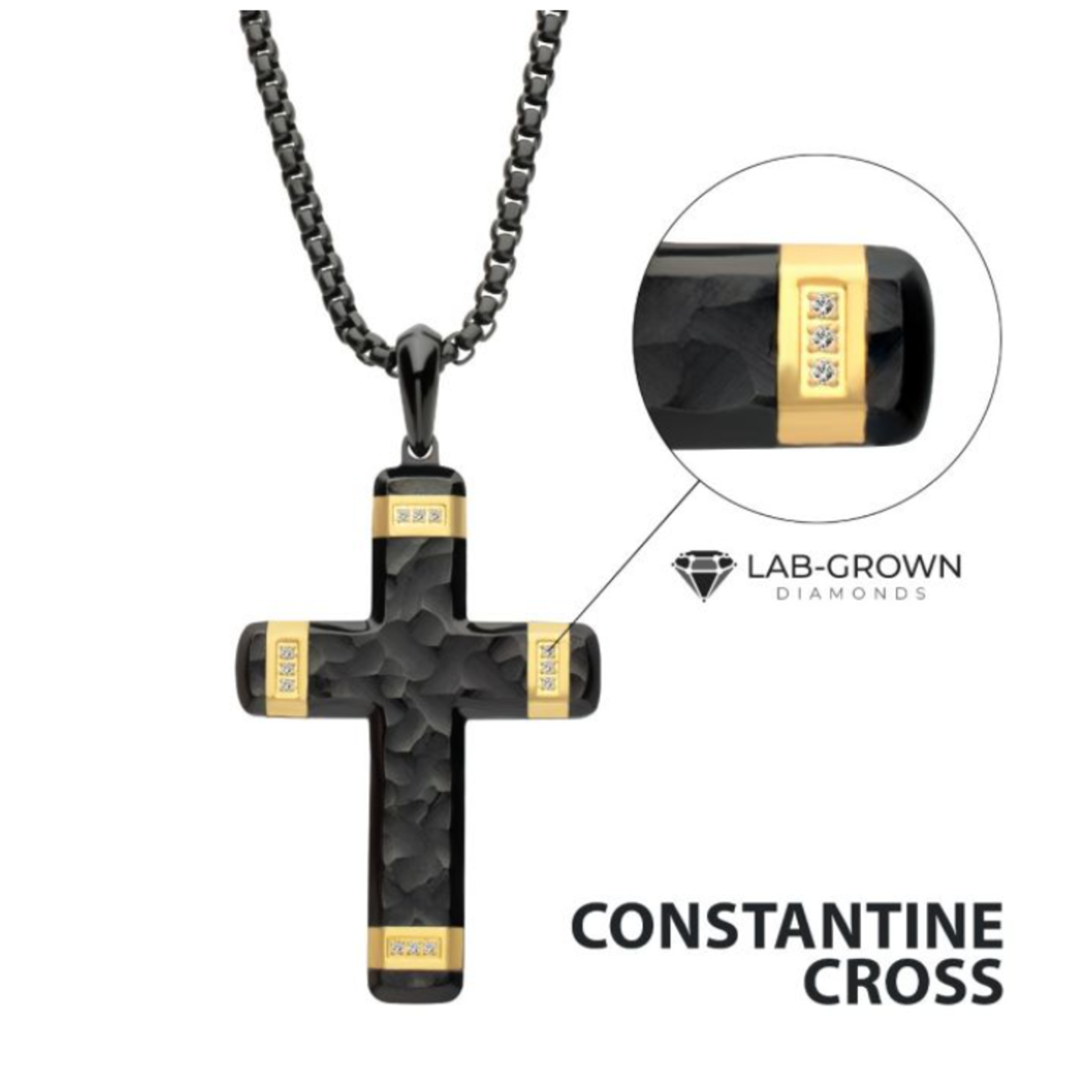 Inox Matte Finish Black IP Carved Steel Large Cross 18K Gold IP accents & Lab-Grown Diamonds Necklace 24"
