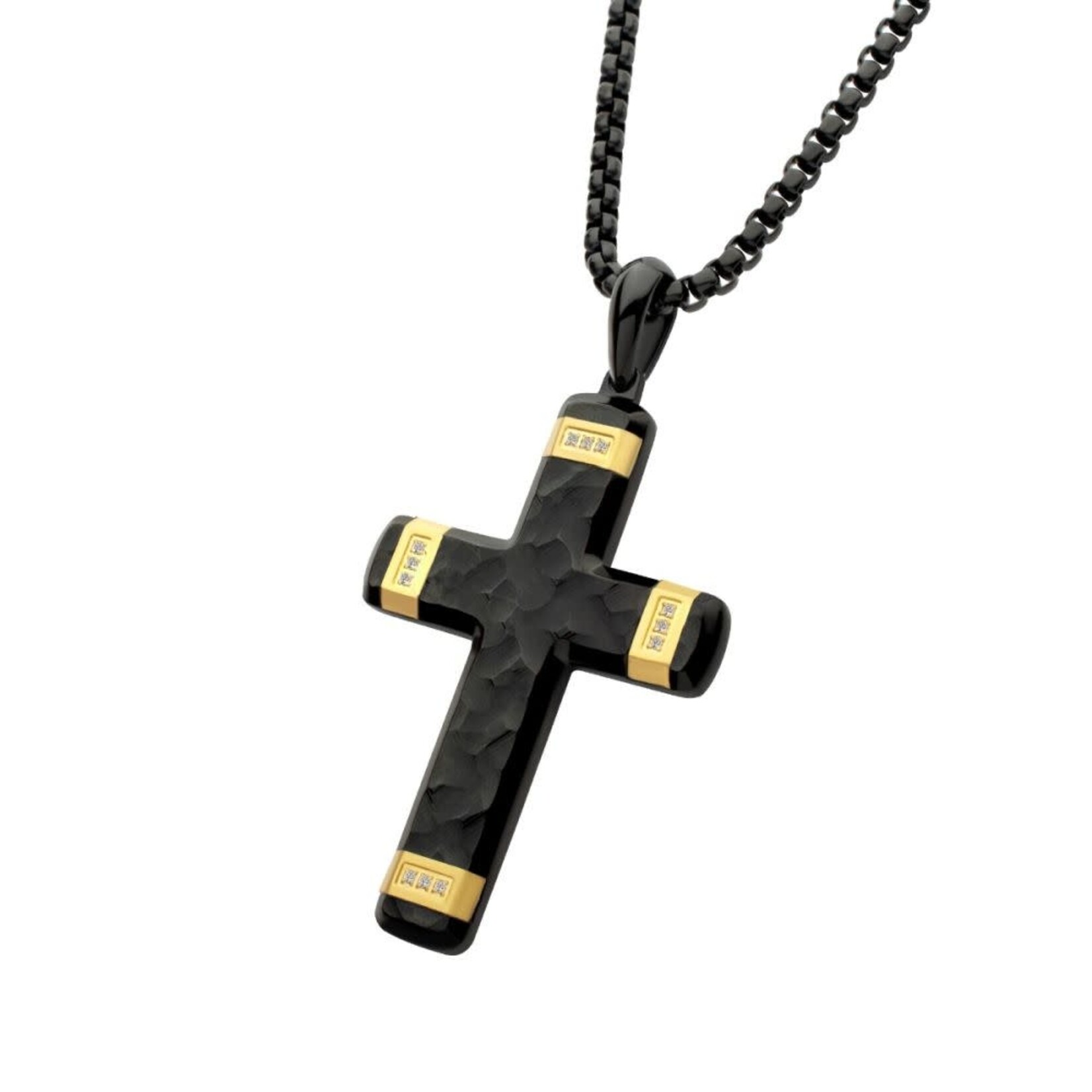 Inox Matte Finish Black IP Carved Steel Large Cross 18K Gold IP accents & Lab-Grown Diamonds Necklace 24"