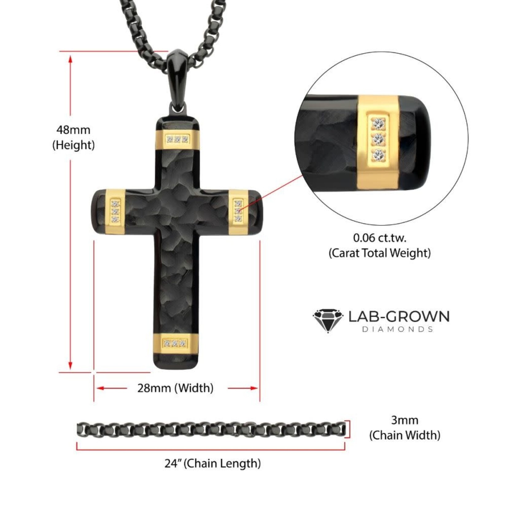 Inox Matte Finish Black IP Carved Steel Large Cross 18K Gold IP accents & Lab-Grown Diamonds Necklace 24"