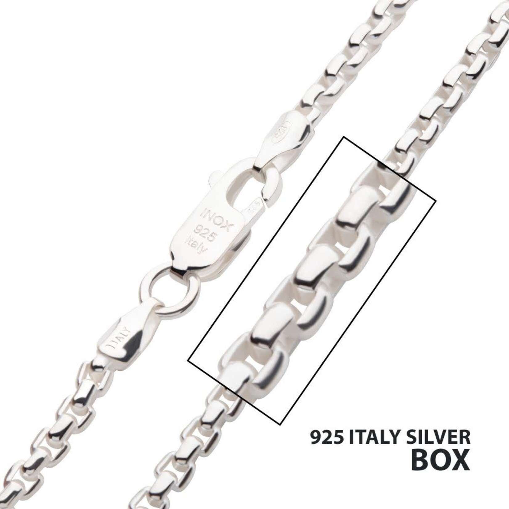 Inox 2.6mm 925 Italy Silver Polished Finish Box Chain Necklace with Flat Lobster Clasp 24"