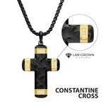 Inox Matte Finish Black IP Carved Steel Small Cross Pendant with 18Kt Gold IP accents & Lab-Grown Diamonds 24"