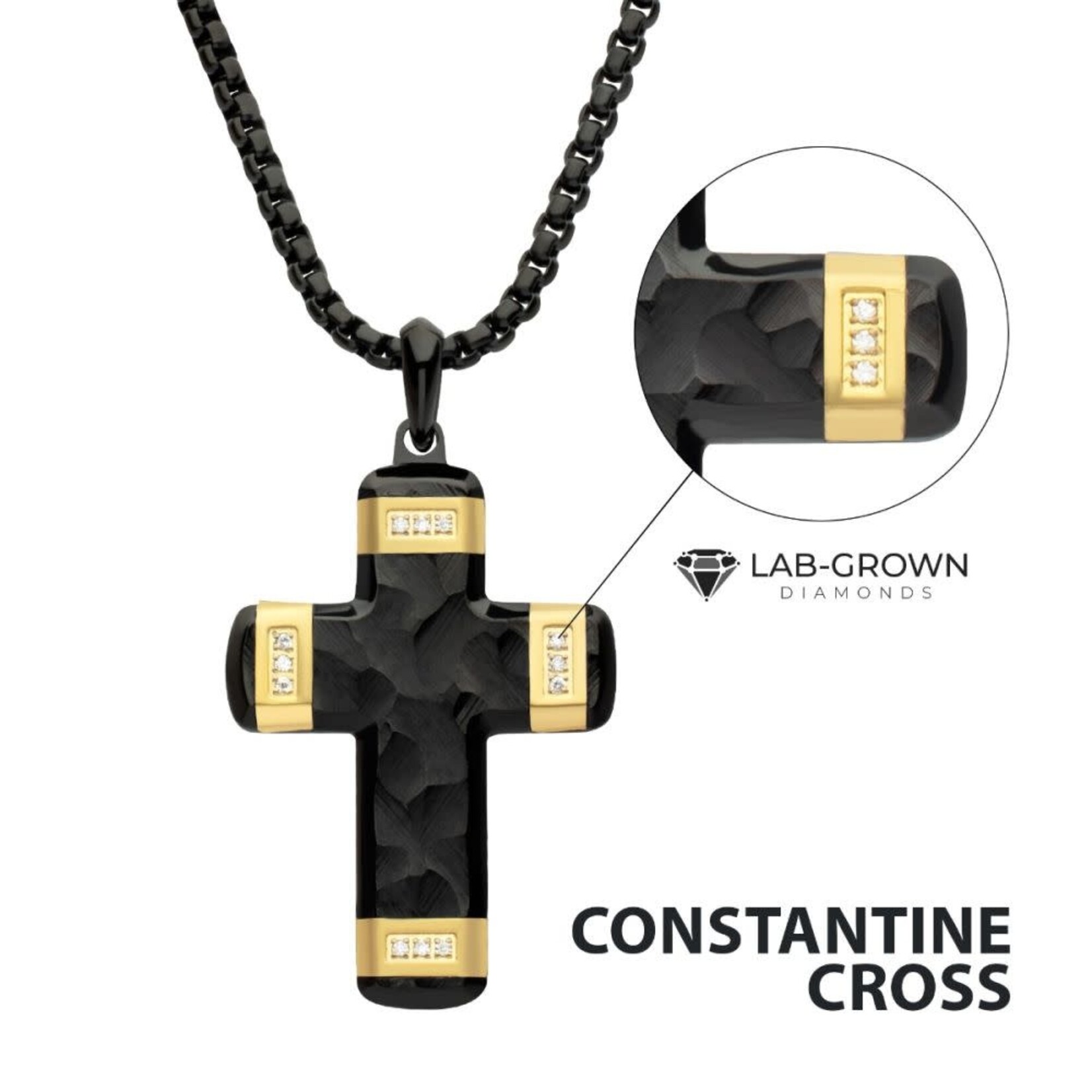 Inox Matte Finish Black IP Carved Steel Small Cross Pendant with 18Kt Gold IP accents & Lab-Grown Diamonds 24"