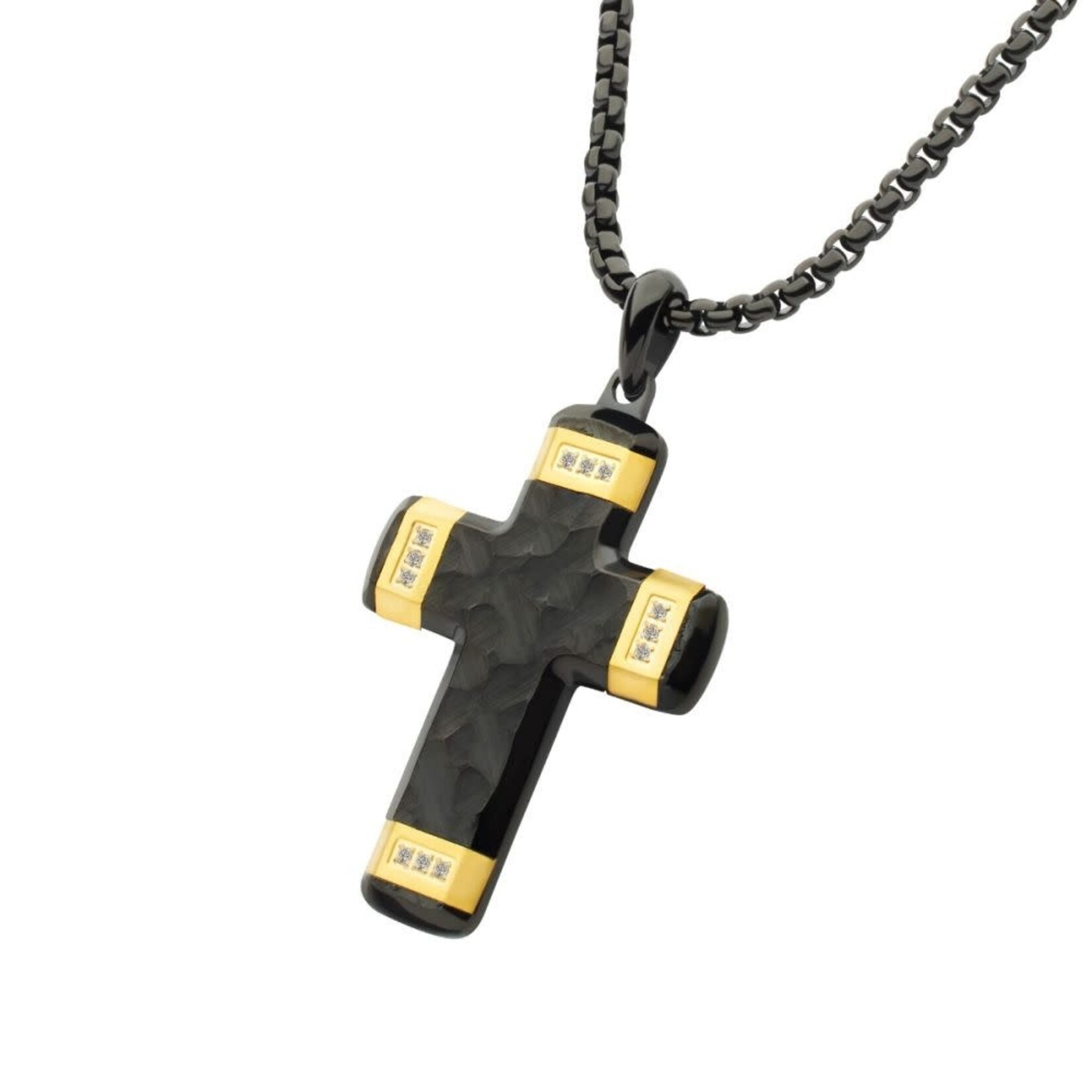 Inox Matte Finish Black IP Carved Steel Small Cross Pendant with 18Kt Gold IP accents & Lab-Grown Diamonds 24"