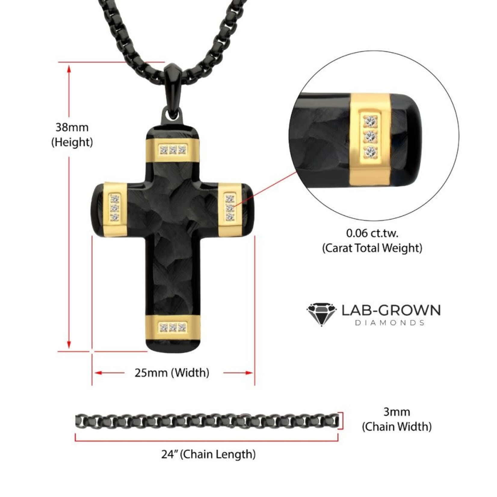 Inox Matte Finish Black IP Carved Steel Small Cross Pendant with 18Kt Gold IP accents & Lab-Grown Diamonds 24"