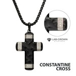 Inox Matte Finish Black IP Carved Steel Small Cross Pendant with steel accents & Lab-Grown Diamonds 24"