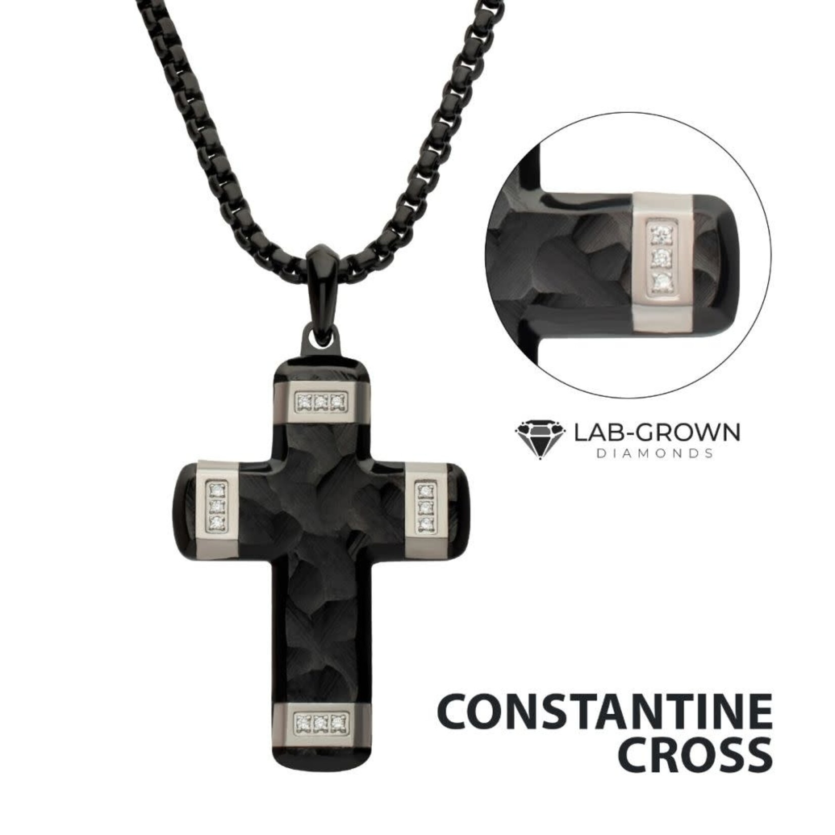 Inox Matte Finish Black IP Carved Steel Small Cross Pendant with steel accents & Lab-Grown Diamonds 24"