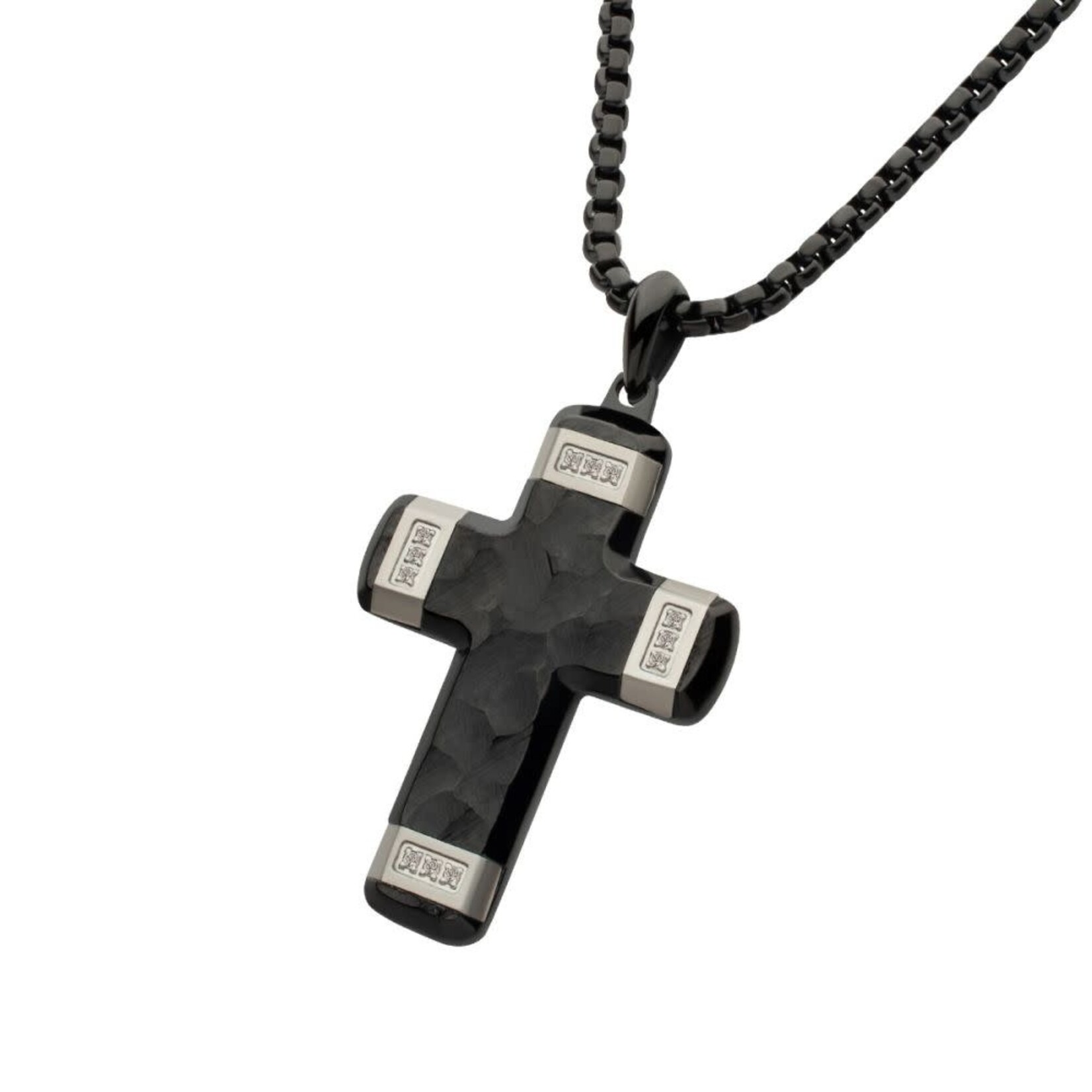 Inox Matte Finish Black IP Carved Steel Small Cross Pendant with steel accents & Lab-Grown Diamonds 24"