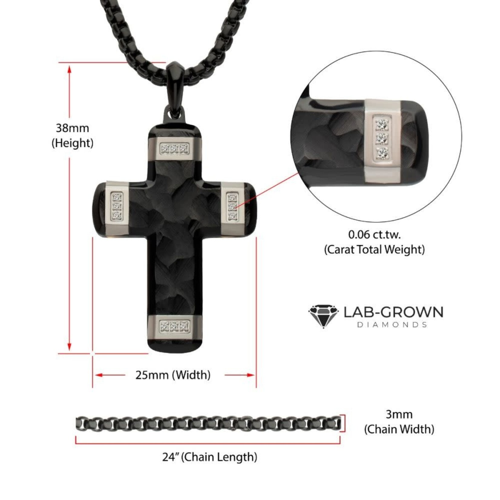 Inox Matte Finish Black IP Carved Steel Small Cross Pendant with steel accents & Lab-Grown Diamonds 24"