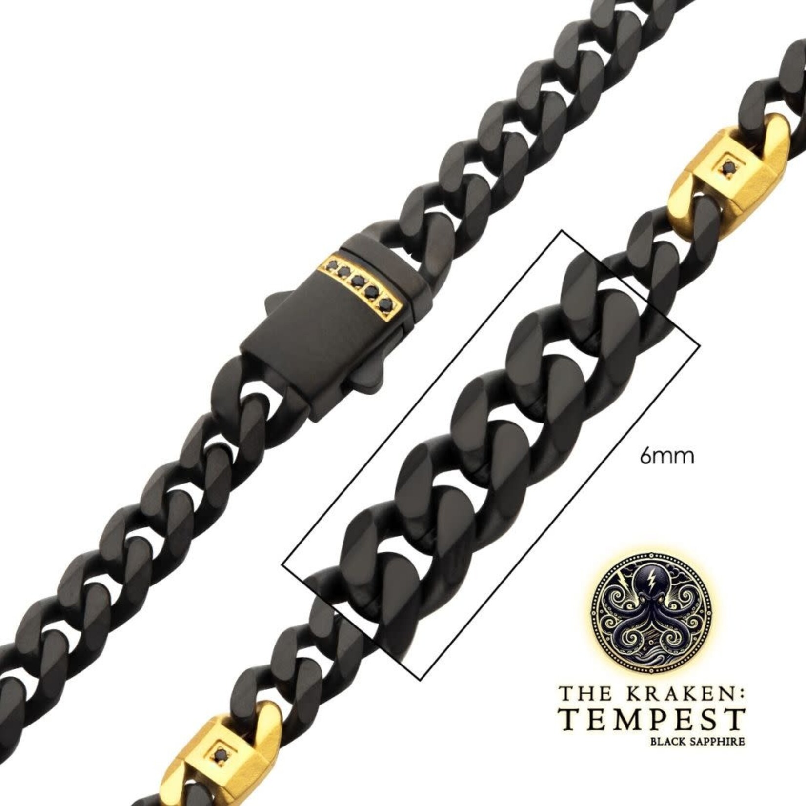 Inox 6mm Black IP Steel Matte Finish Miami Cuban Chain Necklace with Genuine Black Sapphire Gem 22"