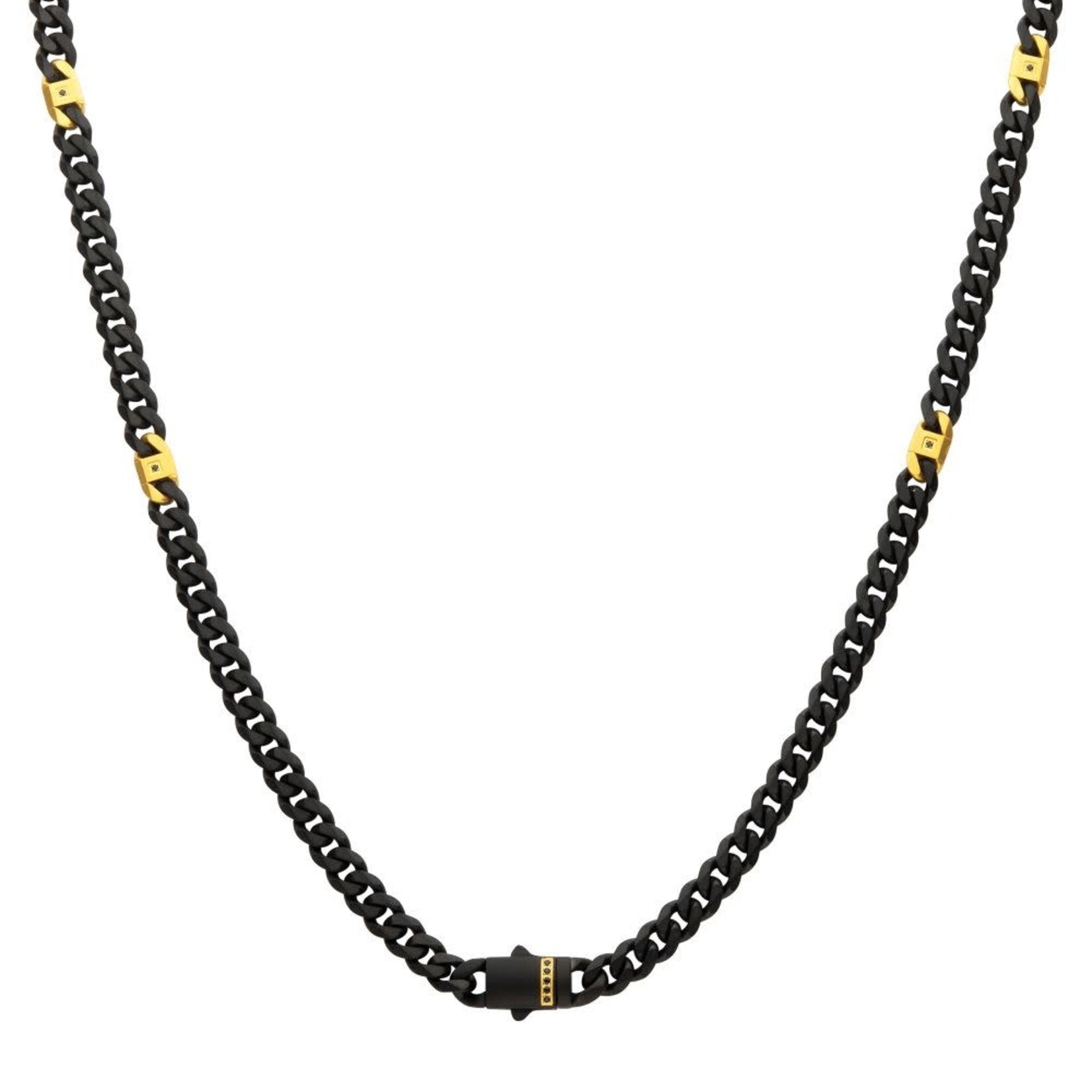 Inox 6mm Black IP Steel Matte Finish Miami Cuban Chain Necklace with Genuine Black Sapphire Gem 22"