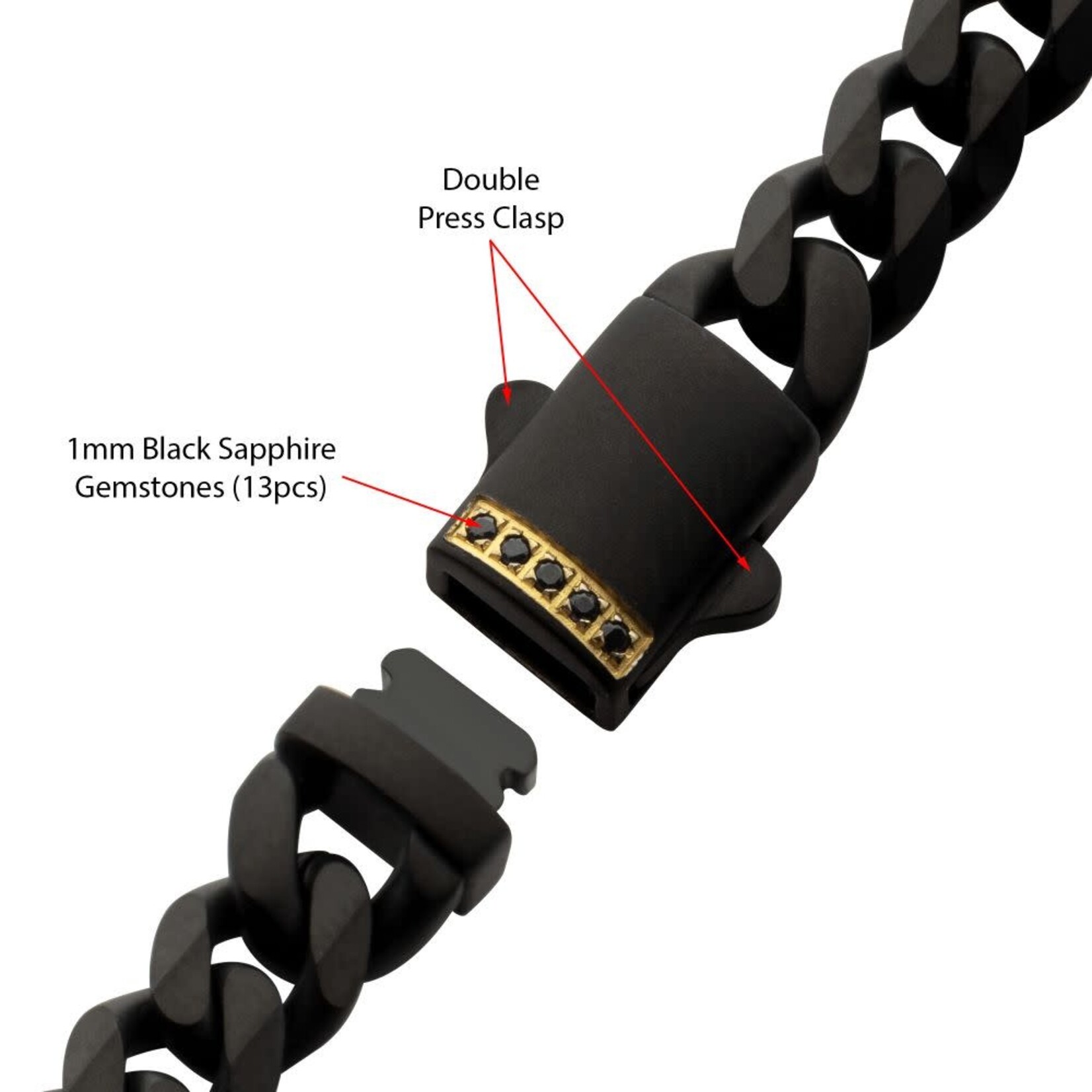 Inox 6mm Black IP Steel Matte Finish Miami Cuban Chain Necklace with Genuine Black Sapphire Gem 22"