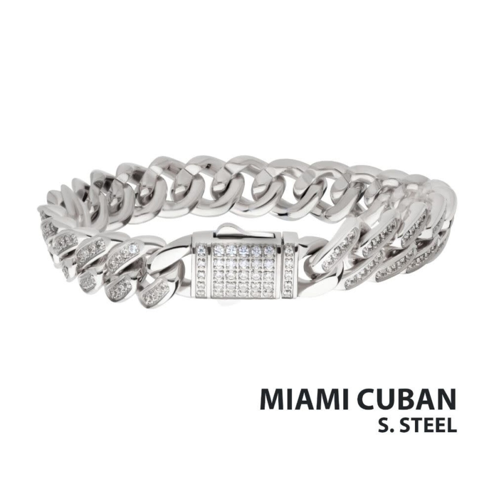 Inox 12mm Steel Miami Cuban Chain Bracelet with CNC Precision Set Full Clear Cubic Zirconia Double Tab Box Clasp 8"