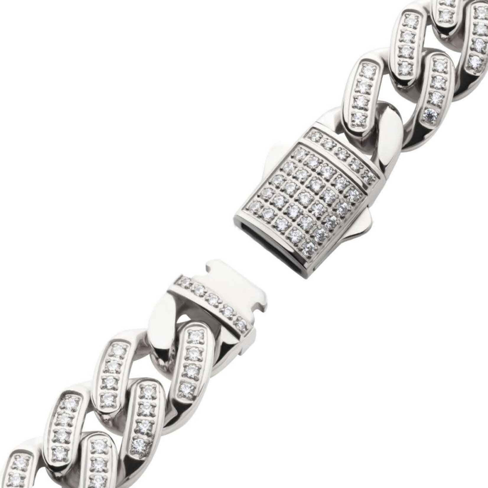 Inox 12mm Steel Miami Cuban Chain Bracelet with CNC Precision Set Full Clear Cubic Zirconia Double Tab Box Clasp 8"