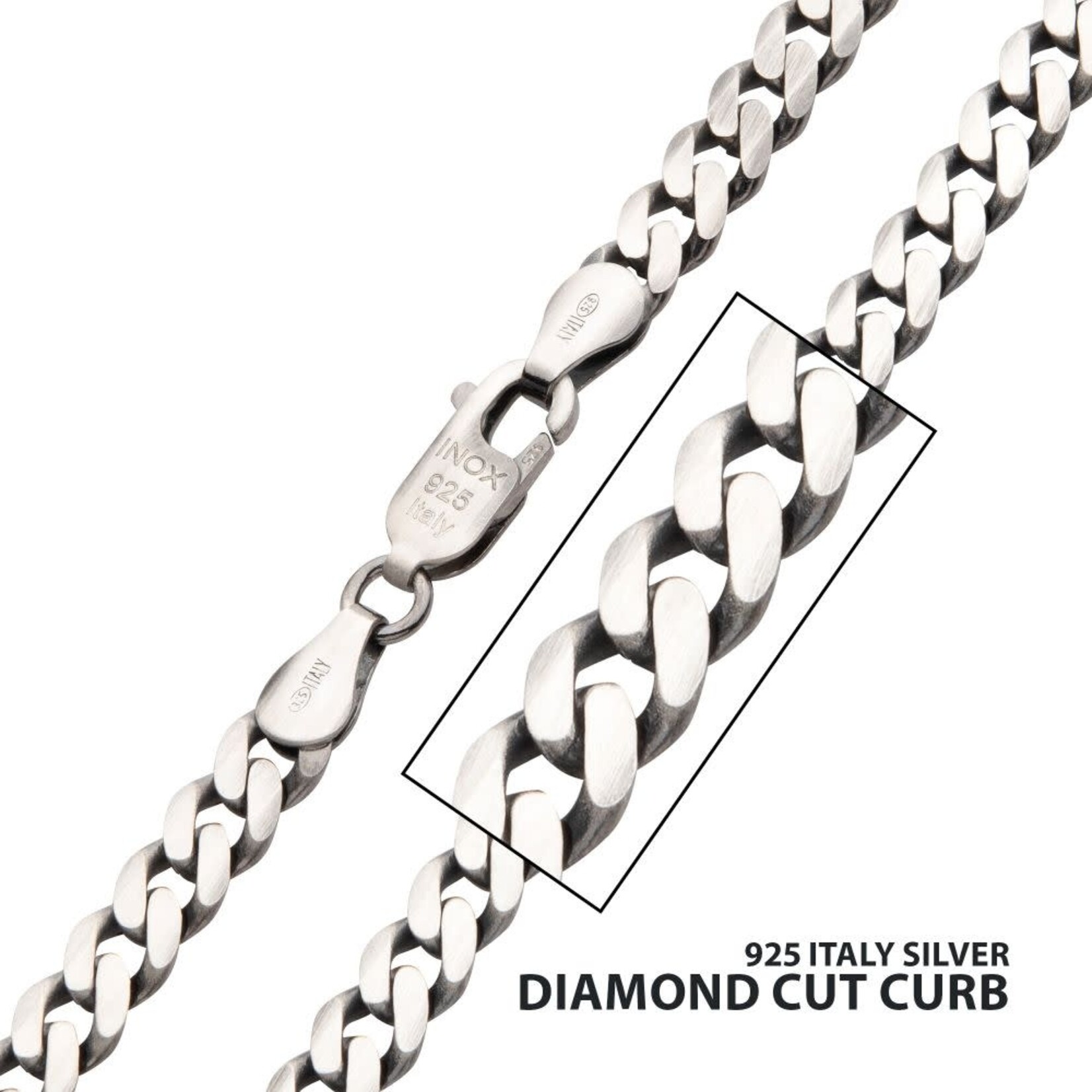 Inox 5.4mm 925 Italy Silver Black Rhodium Plated Brushed Satin Finish Diamond Cut Curb Chain Necklace 22"