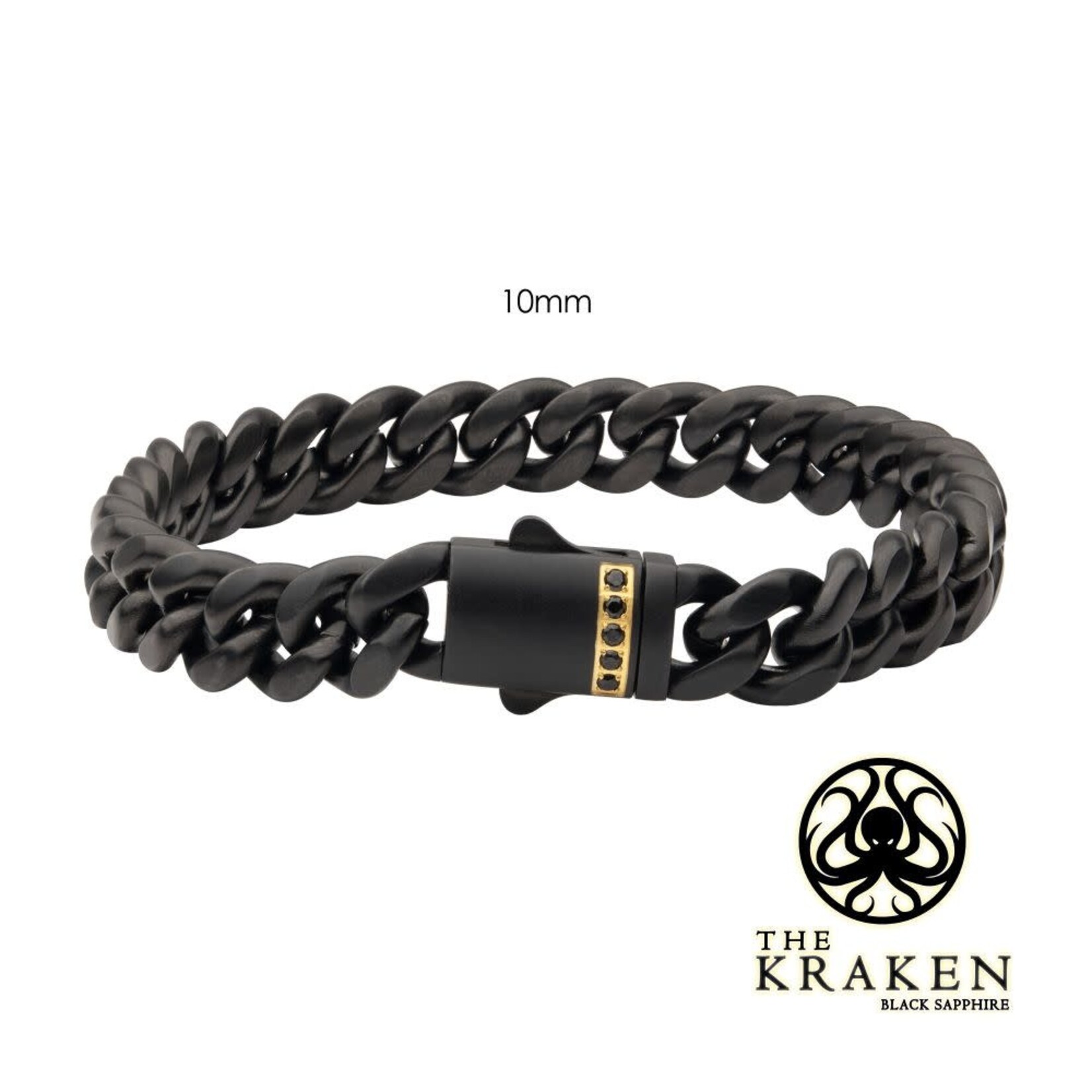 Inox 10mm Black IP Steel Matte Finish Miami Cuban Chain Bracelet with 1.6mm Genuine Black Sapphire Gem 8"