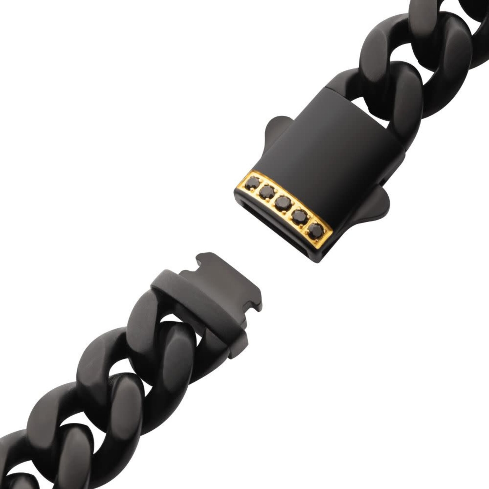 Inox 10mm Black IP Steel Matte Finish Miami Cuban Chain Bracelet with 1.6mm Genuine Black Sapphire Gem 8"