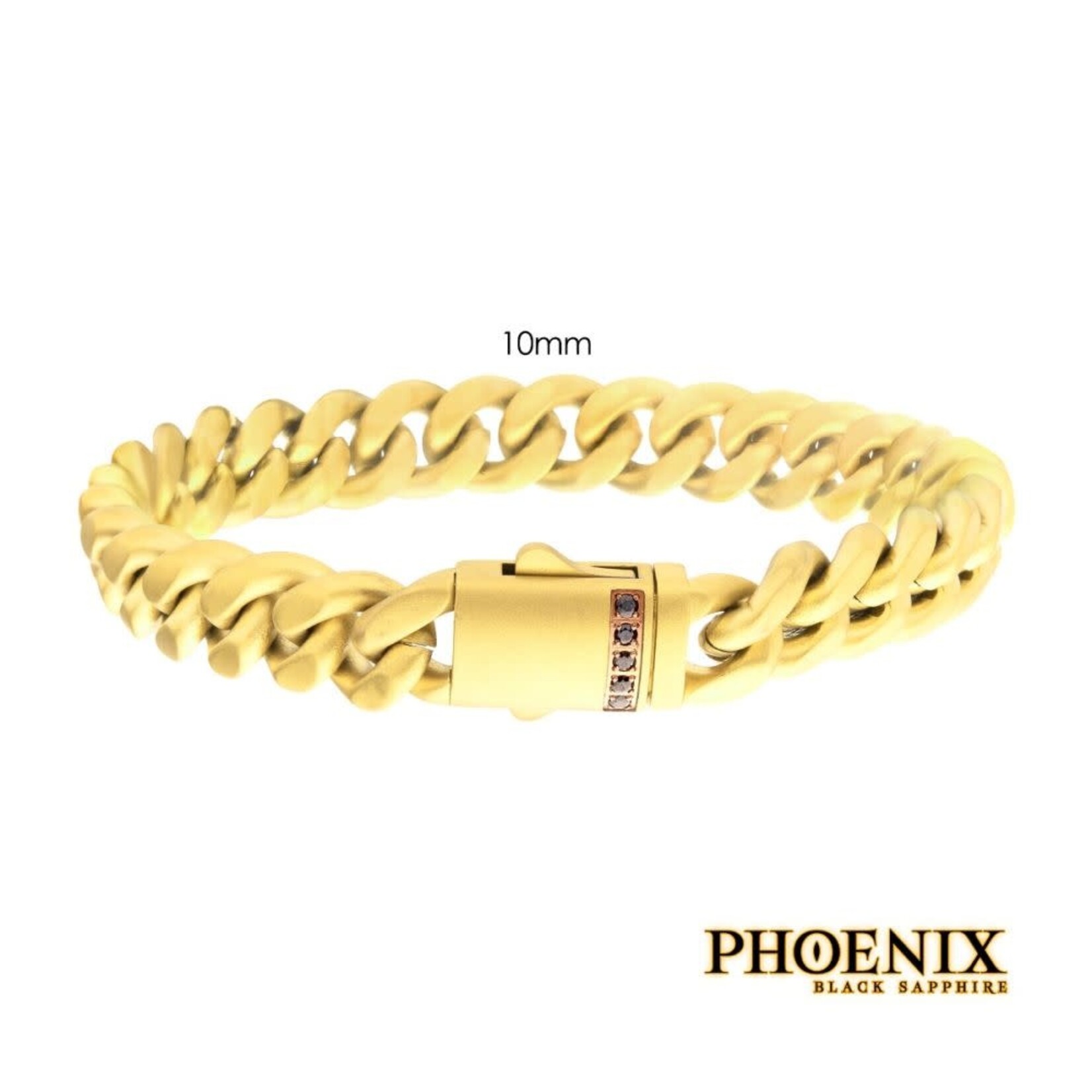Inox 10mm 18Kt Gold IP Steel Matte Finish Miami Cuban Chain Bracelet with Genuine Black Sapphire 8"