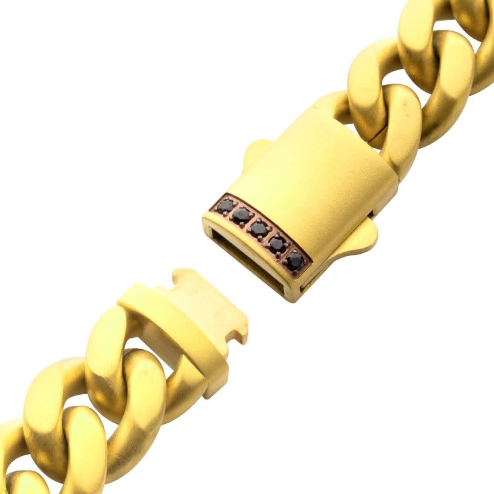 Inox 10mm 18Kt Gold IP Steel Matte Finish Miami Cuban Chain Bracelet with Genuine Black Sapphire 8"