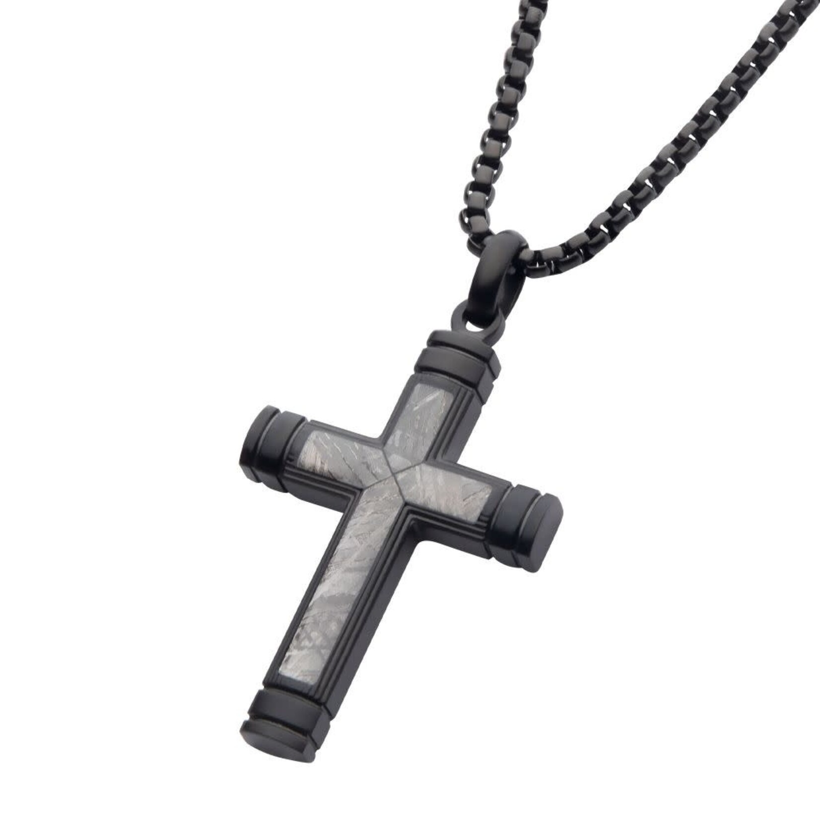 Inox Genuine Meteorite Inlay Cross Pendant 24"