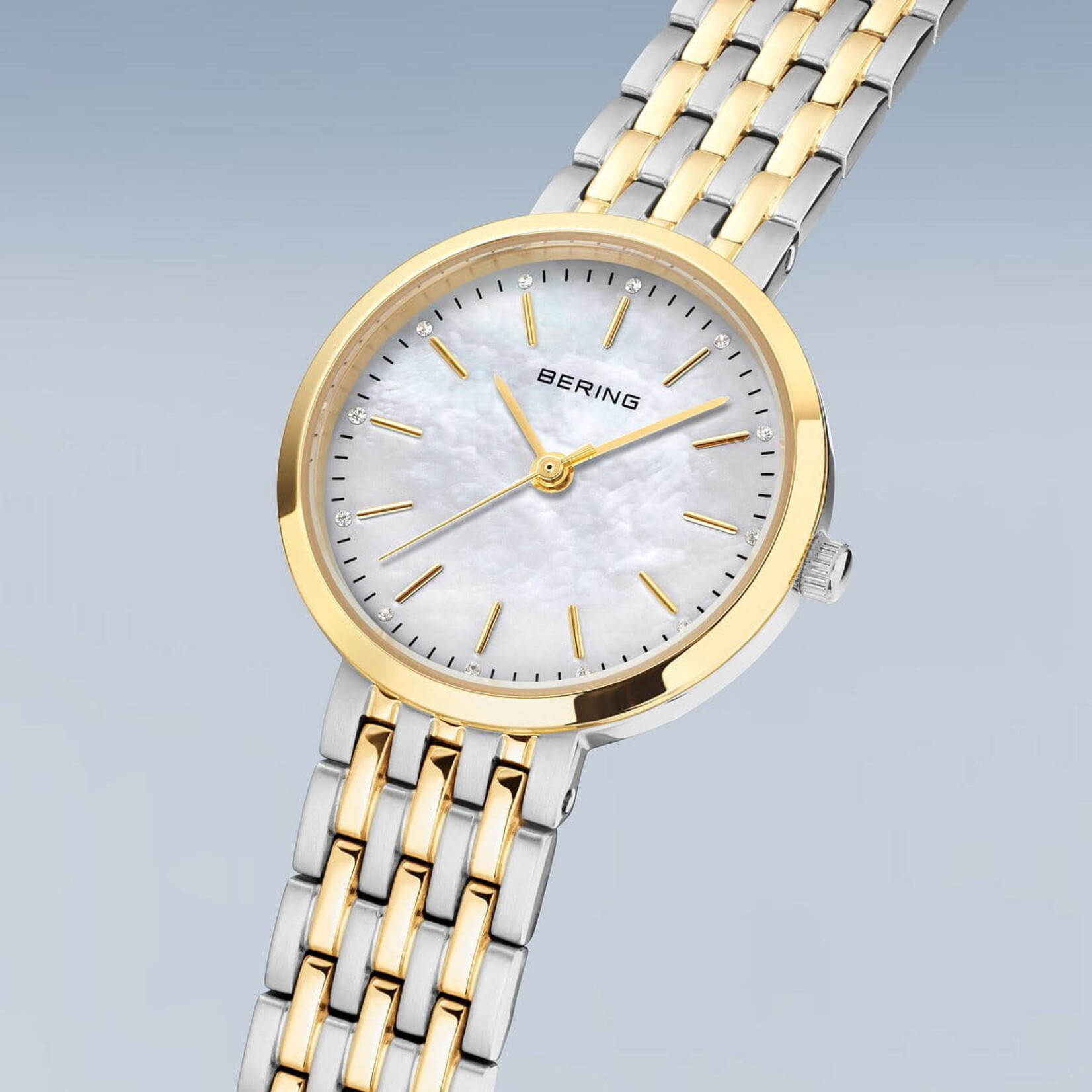 Bering Two Tone Silver/Gold Links, Gold Frame, White MOP Face Watch