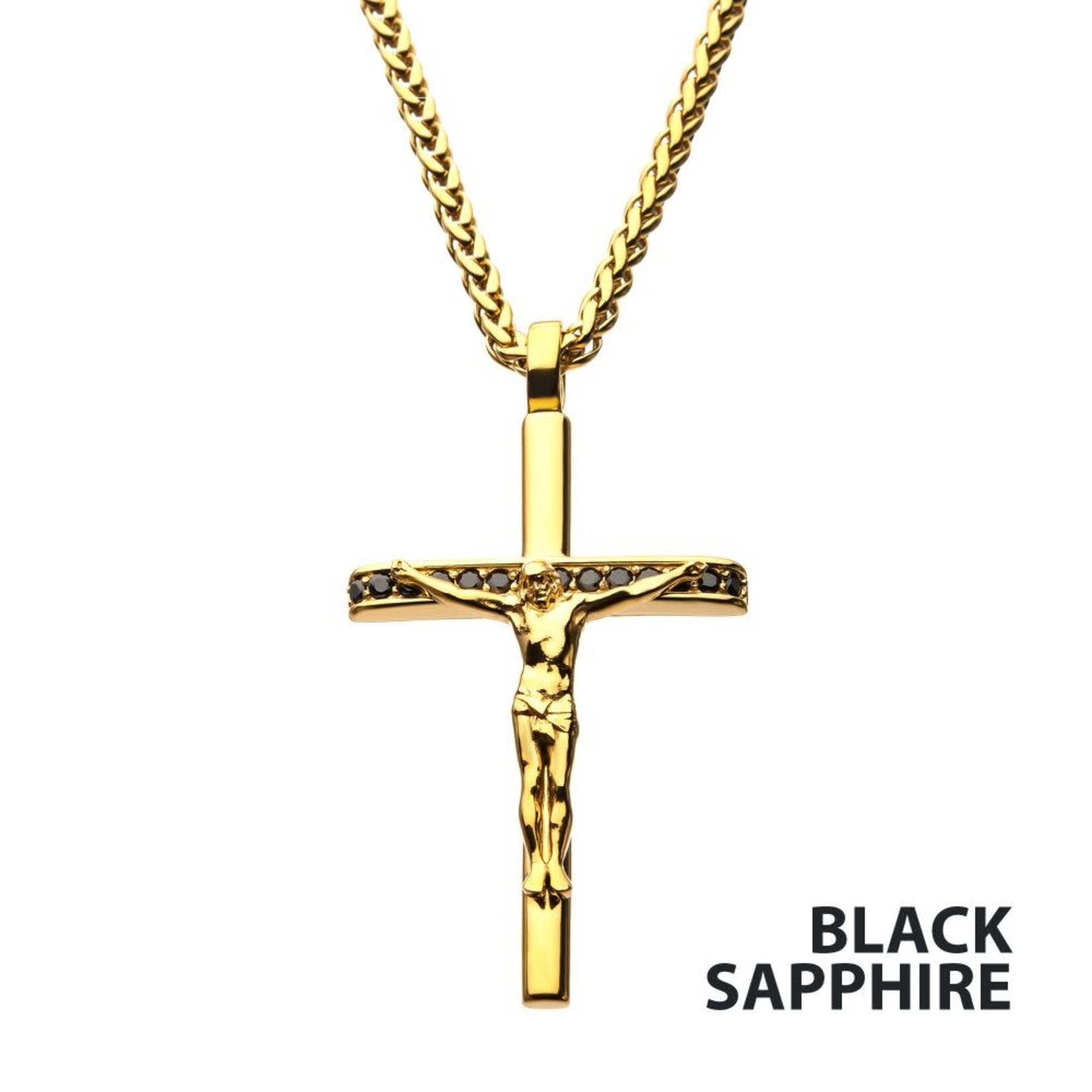 Inox 18Kt Gold IP Steel CNC Set Genuine Black Sapphire Gem Jesus Christ Crucifix Cross Pendant 24"