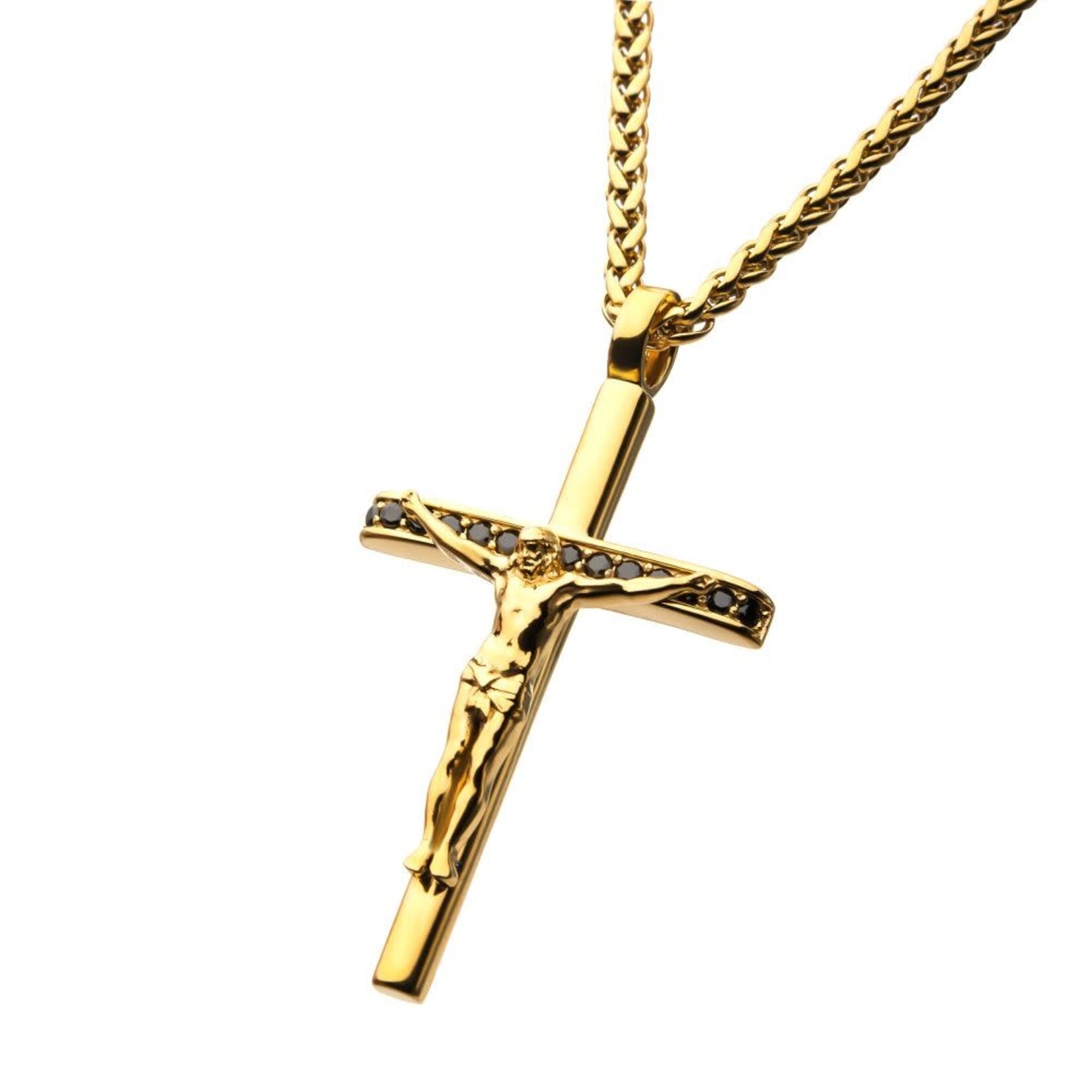 Inox 18Kt Gold IP Steel CNC Set Genuine Black Sapphire Gem Jesus Christ Crucifix Cross Pendant 24"