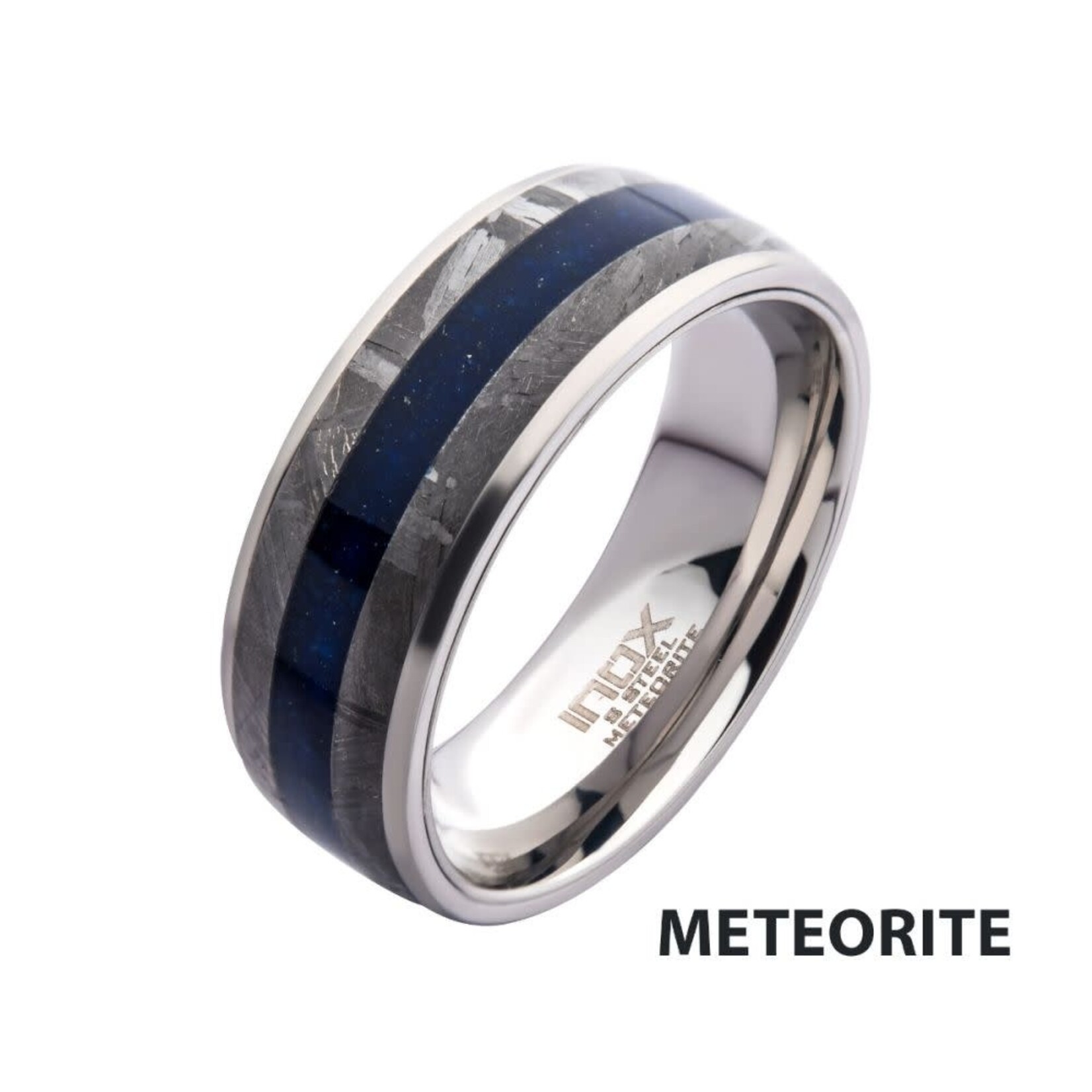 Inox Lapis Lazuli & Meteorite Inlay Steel Ring