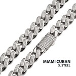 Inox 12mm Steel Miami Cuban Chain Necklace with CNC Precision Set Full Clear Cubic Zirconia Double Tab Box Clasp 24"