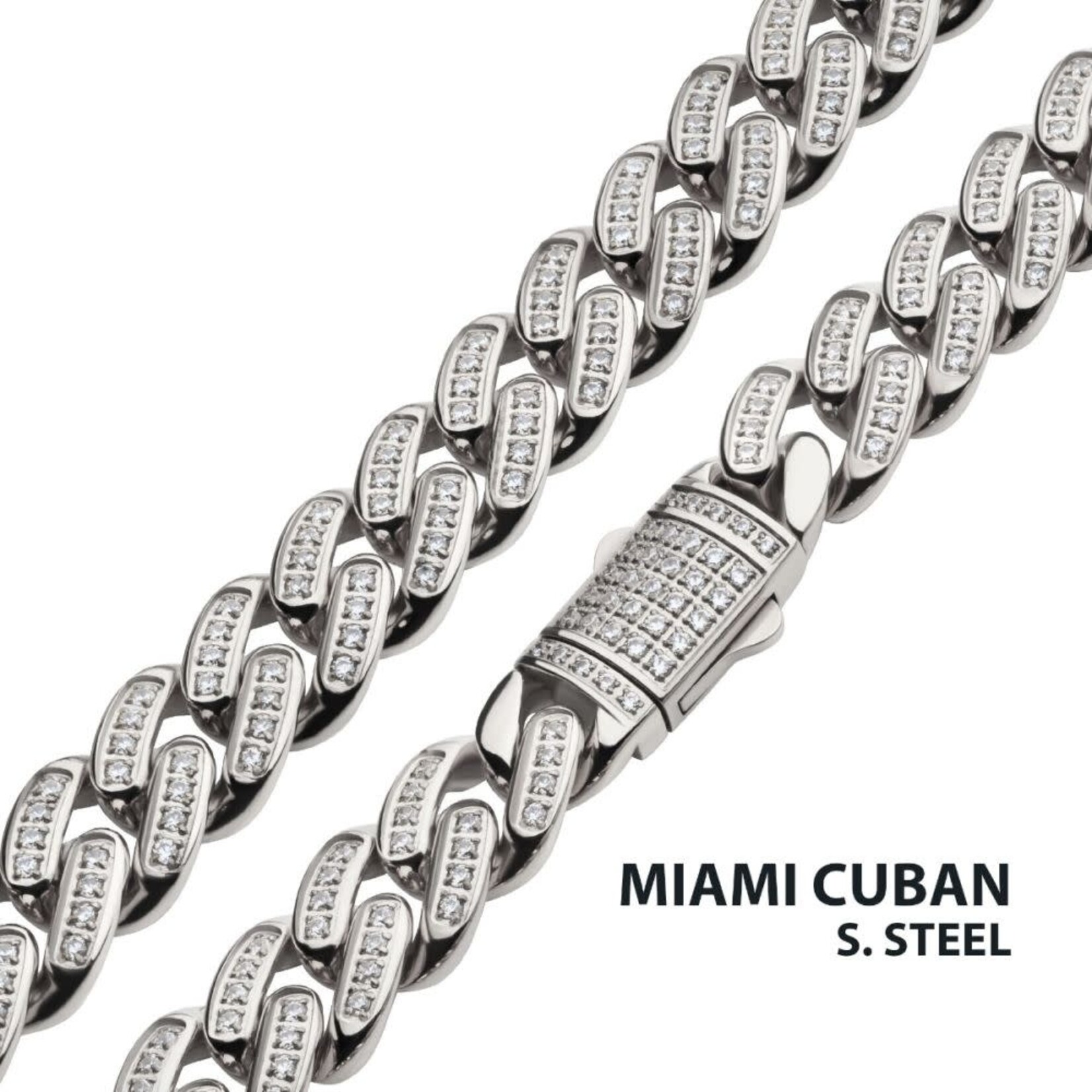 Inox 12mm Steel Miami Cuban Chain Necklace with CNC Precision Set Full Clear Cubic Zirconia Double Tab Box Clasp 24"