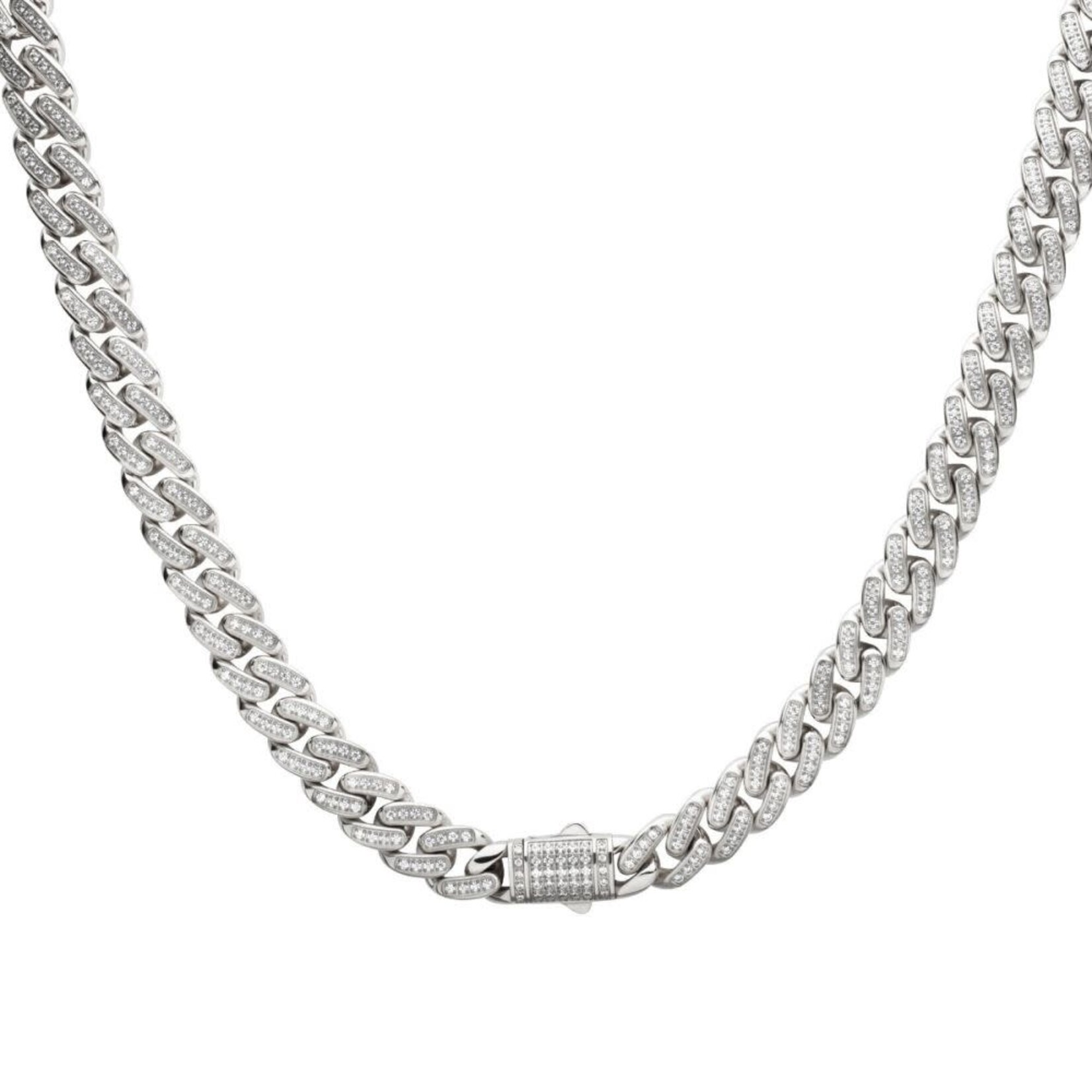 Inox 12mm Steel Miami Cuban Chain Necklace with CNC Precision Set Full Clear Cubic Zirconia Double Tab Box Clasp 24"