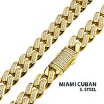 Inox 12mm 18Kt Gold IP Miami Cuban Chain Necklace with CNC Precision Set Full Clear Cubic Zirconia Double Tab Box Clasp 22"