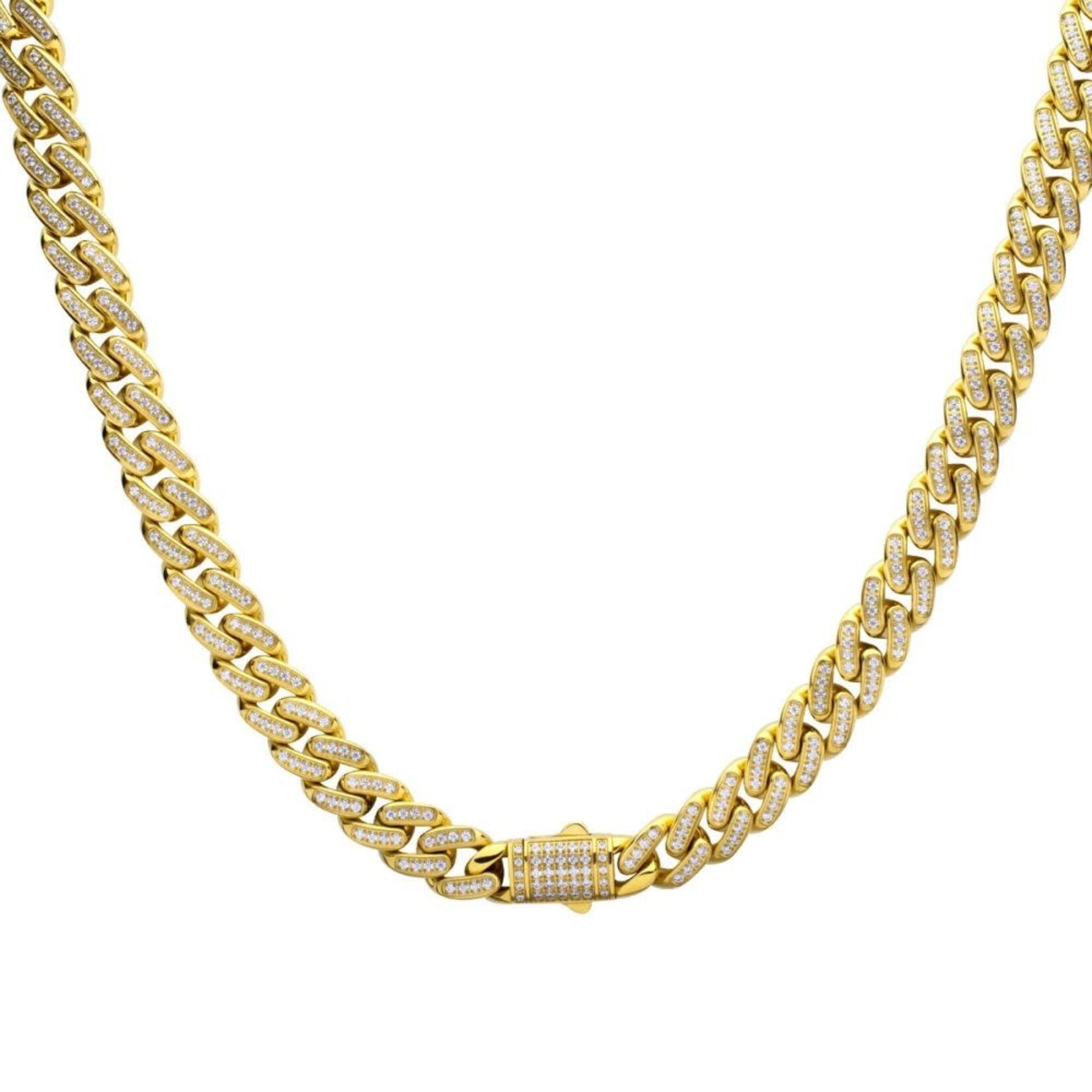 Inox 12mm 18Kt Gold IP Miami Cuban Chain Necklace with CNC Precision Set Full Clear Cubic Zirconia Double Tab Box Clasp 22"