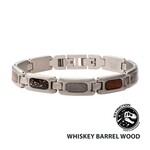 Inox Stainless Steel Matte Finish Link Bracelet with Meteorite, Whiskey Barrel Wood & Black Dinosaur Bone Inlay 8.25"-8.5"