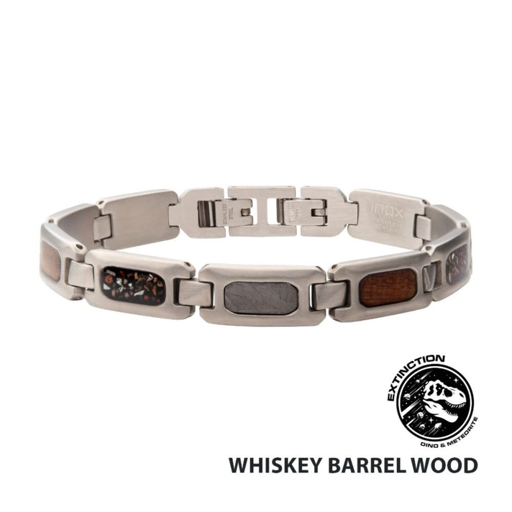 Inox Stainless Steel Matte Finish Link Bracelet with Meteorite, Whiskey Barrel Wood & Black Dinosaur Bone Inlay 8.25"-8.5"
