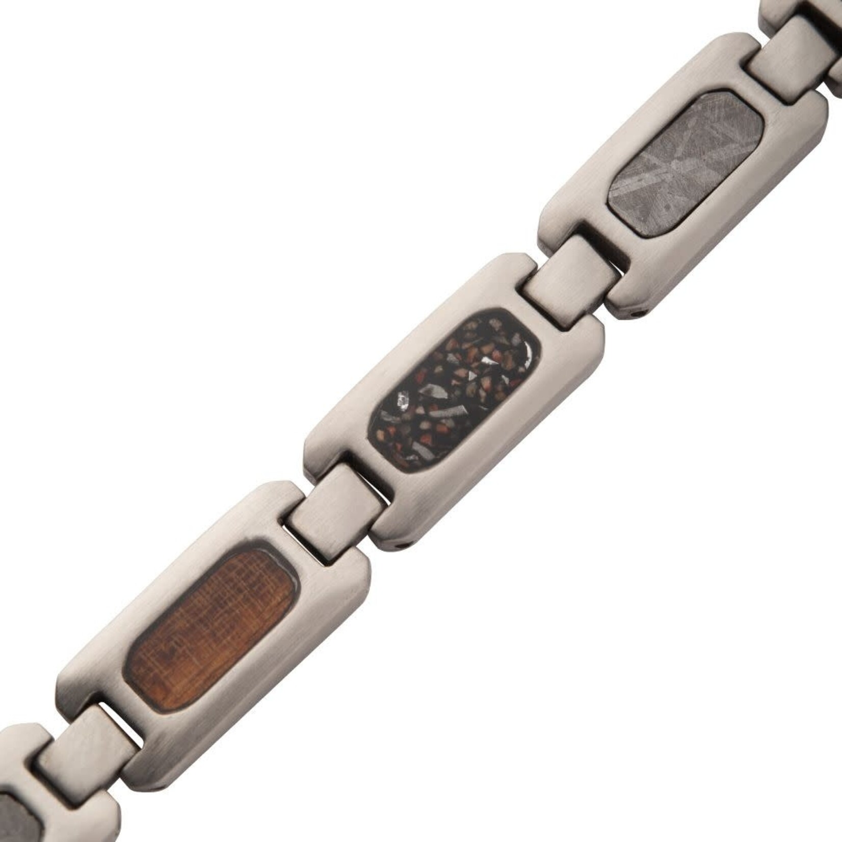 Inox Stainless Steel Matte Finish Link Bracelet with Meteorite, Whiskey Barrel Wood & Black Dinosaur Bone Inlay 8.25"-8.5"