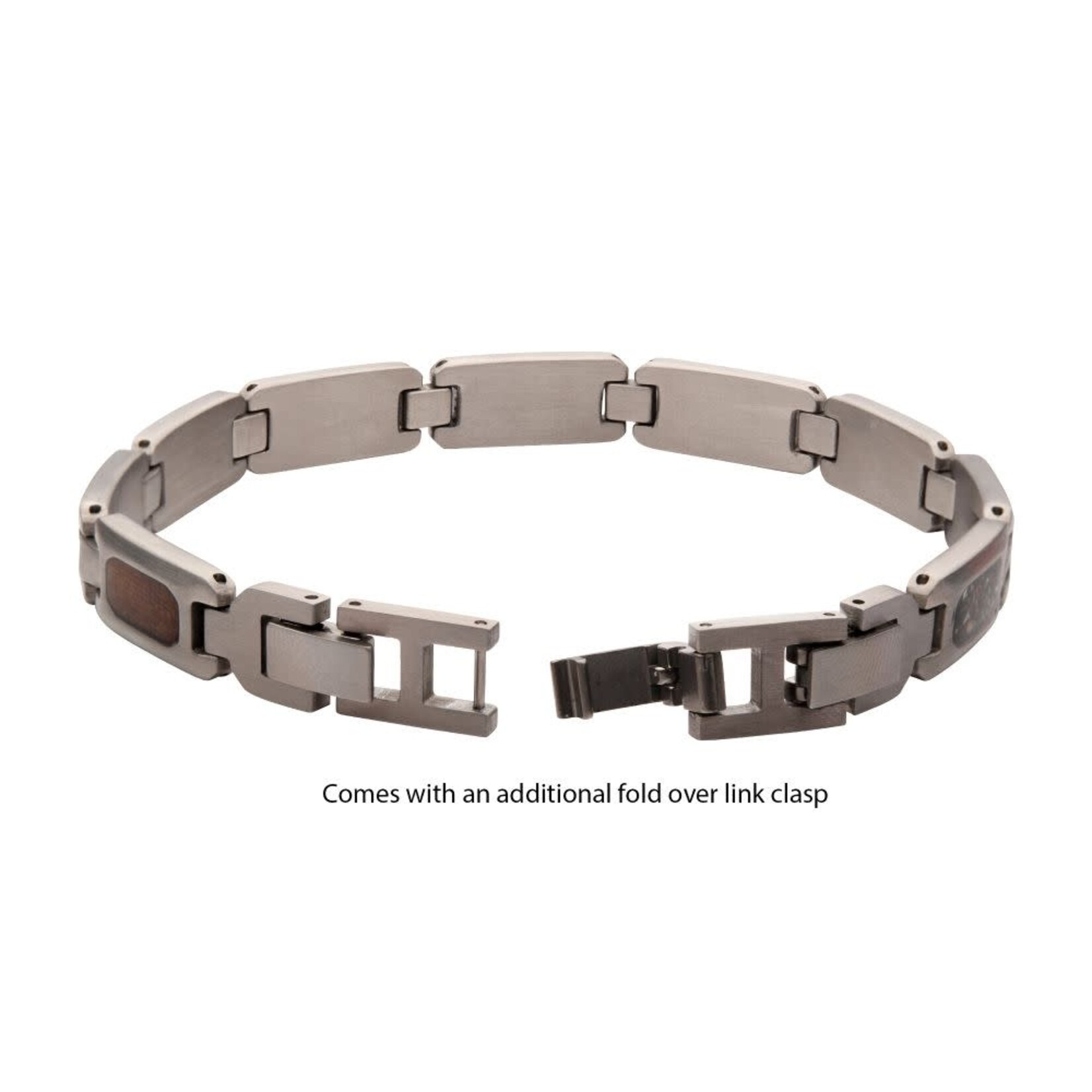 Inox Stainless Steel Matte Finish Link Bracelet with Meteorite, Whiskey Barrel Wood & Black Dinosaur Bone Inlay 8.25"-8.5"