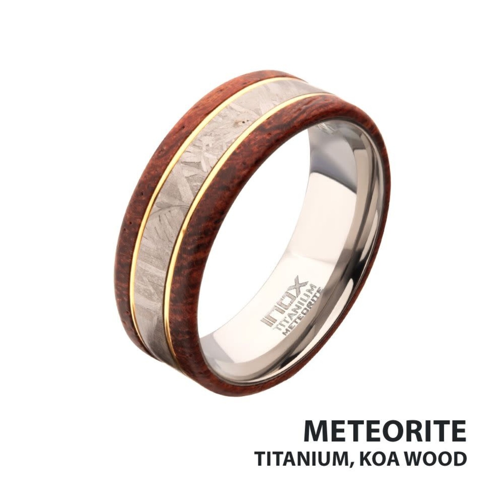 Inox 8mm Titanium, Meteorite & Koa Wood Inlay Comfort Fit Ring