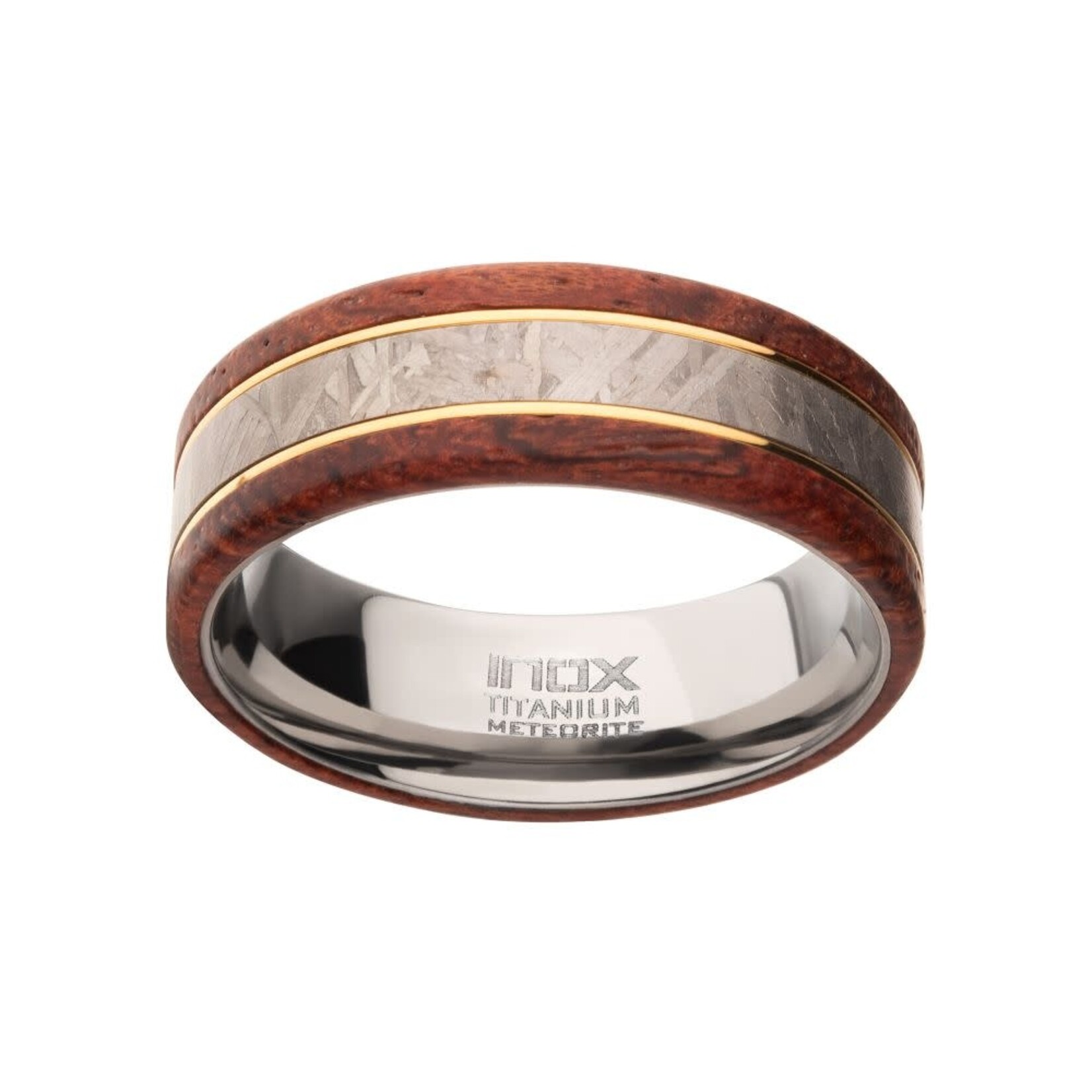 Inox 8mm Titanium, Meteorite & Koa Wood Inlay Comfort Fit Ring