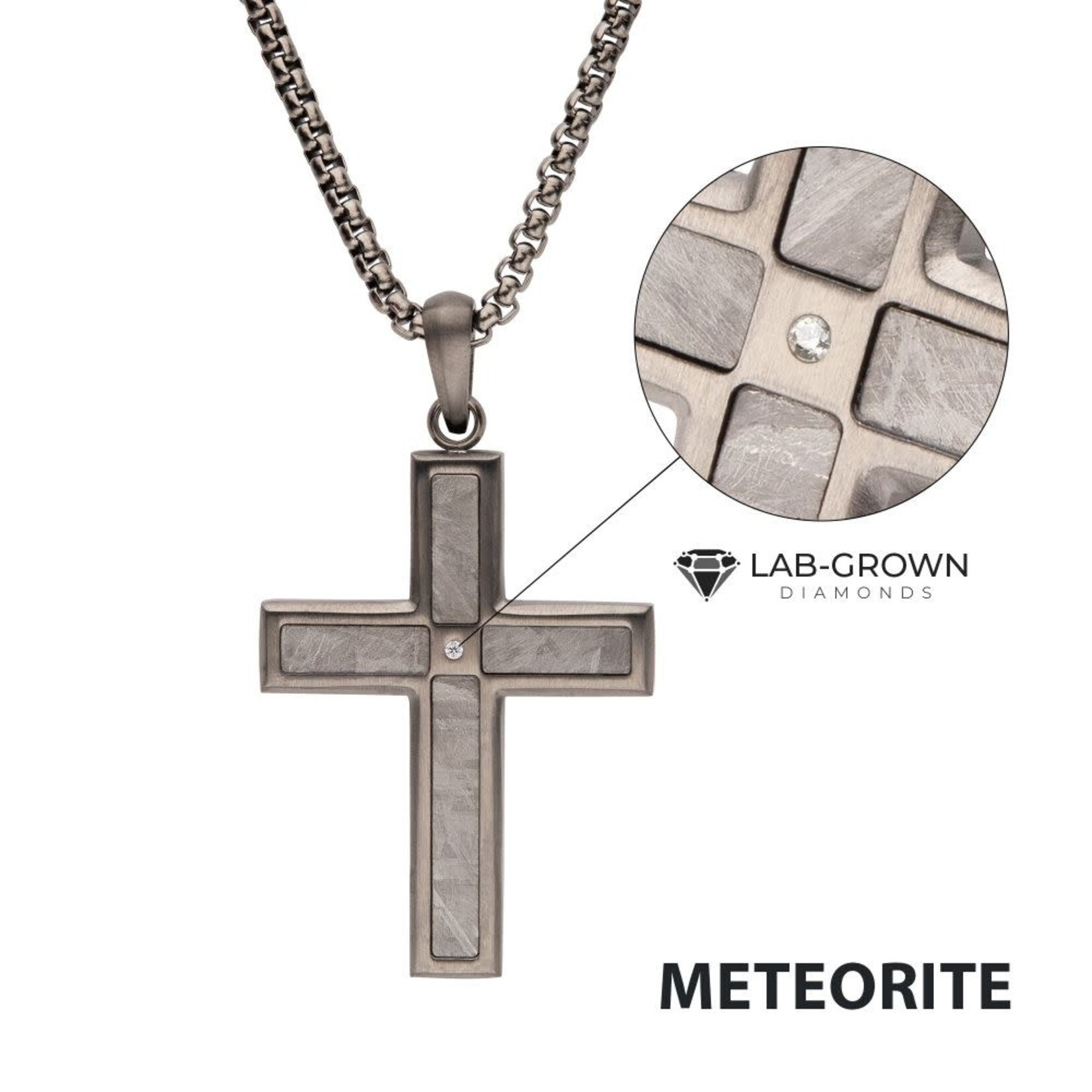 Inox Meteorite Inlay with Lab-Grown Diamond Cross Pendant 24"