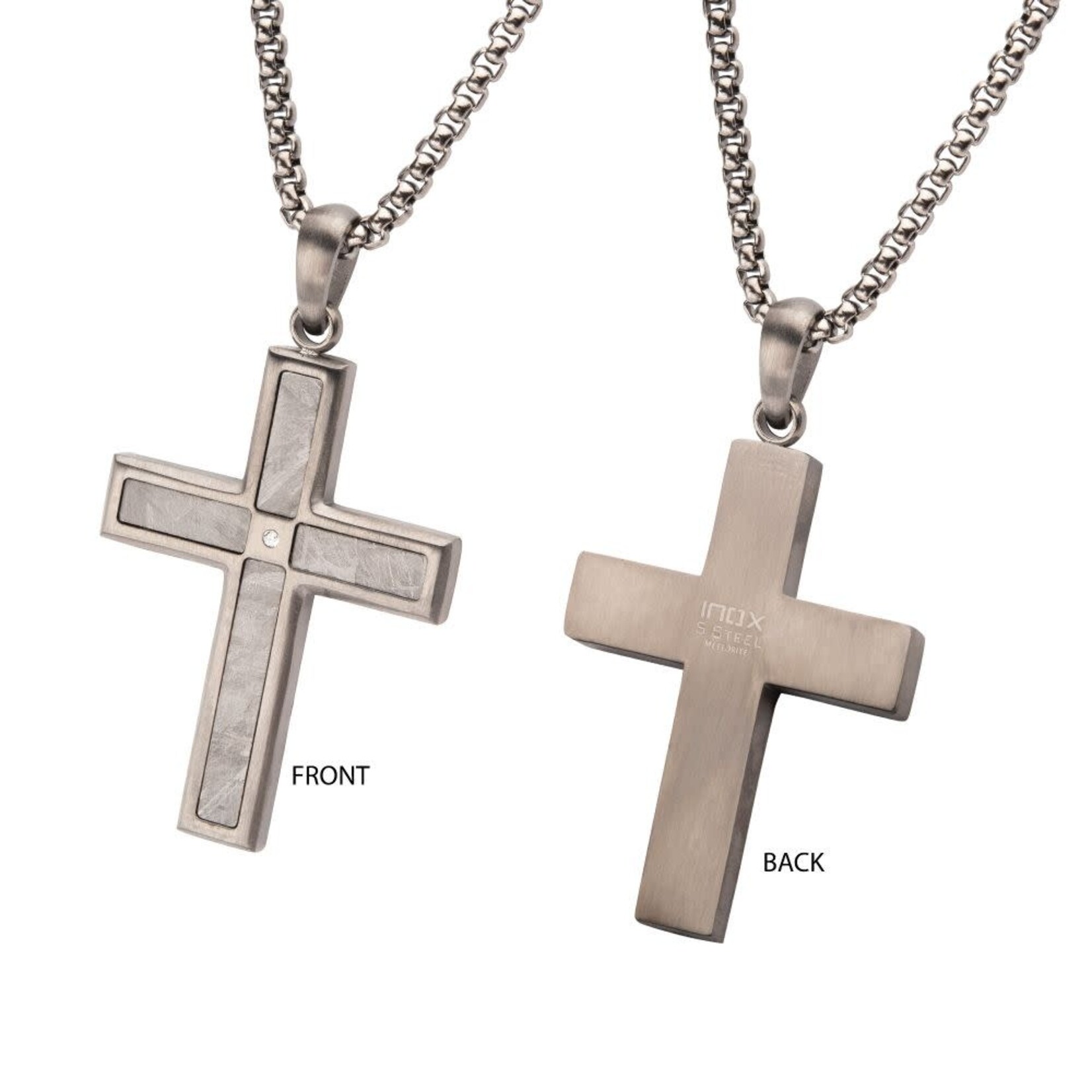 Inox Meteorite Inlay with Lab-Grown Diamond Cross Pendant 24"